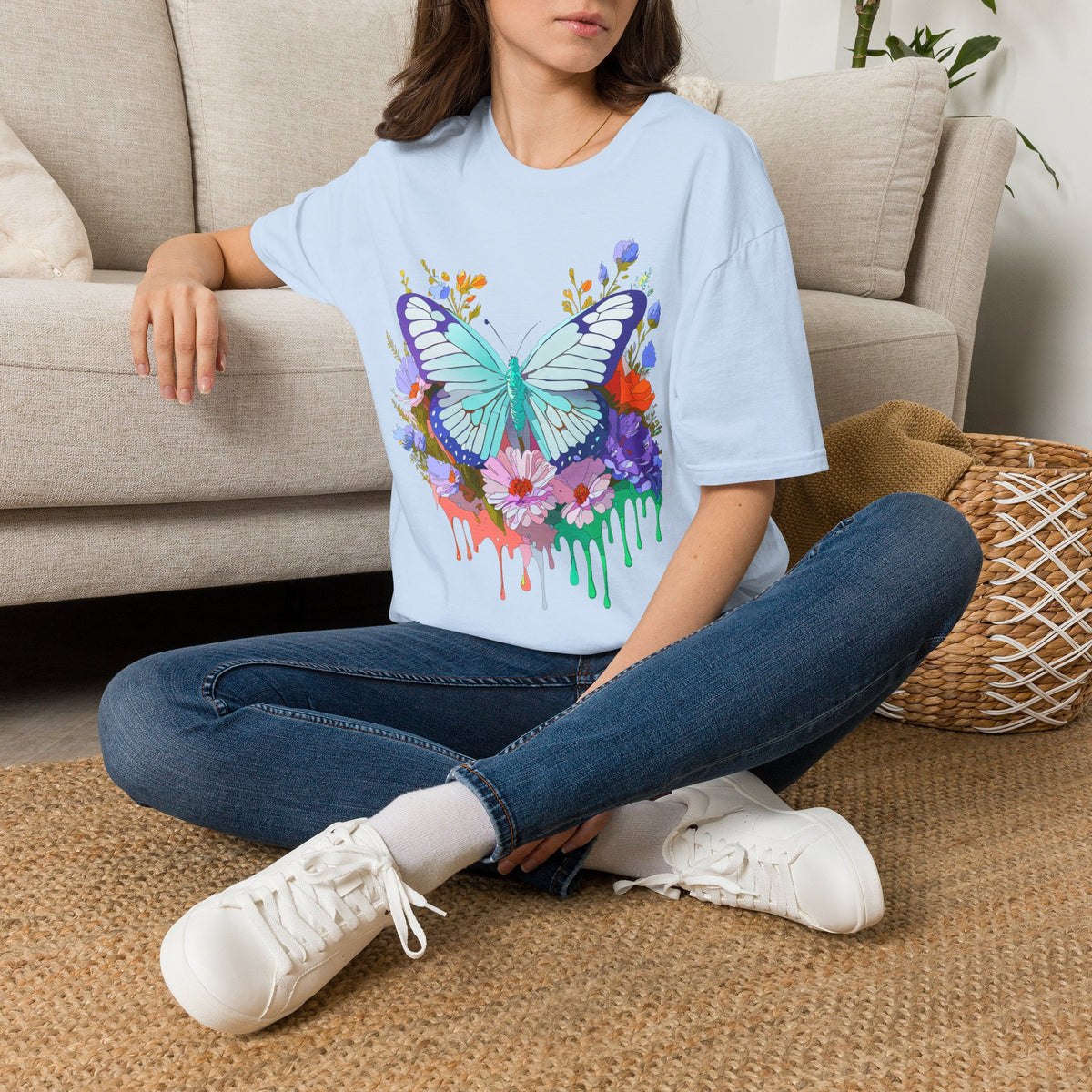 Butterfly Floral Drip T-Shirt — Teal Butterfly with Watercolor Flowers Graphic Tee Unisex 100 Cotton Gildan T-Shirt