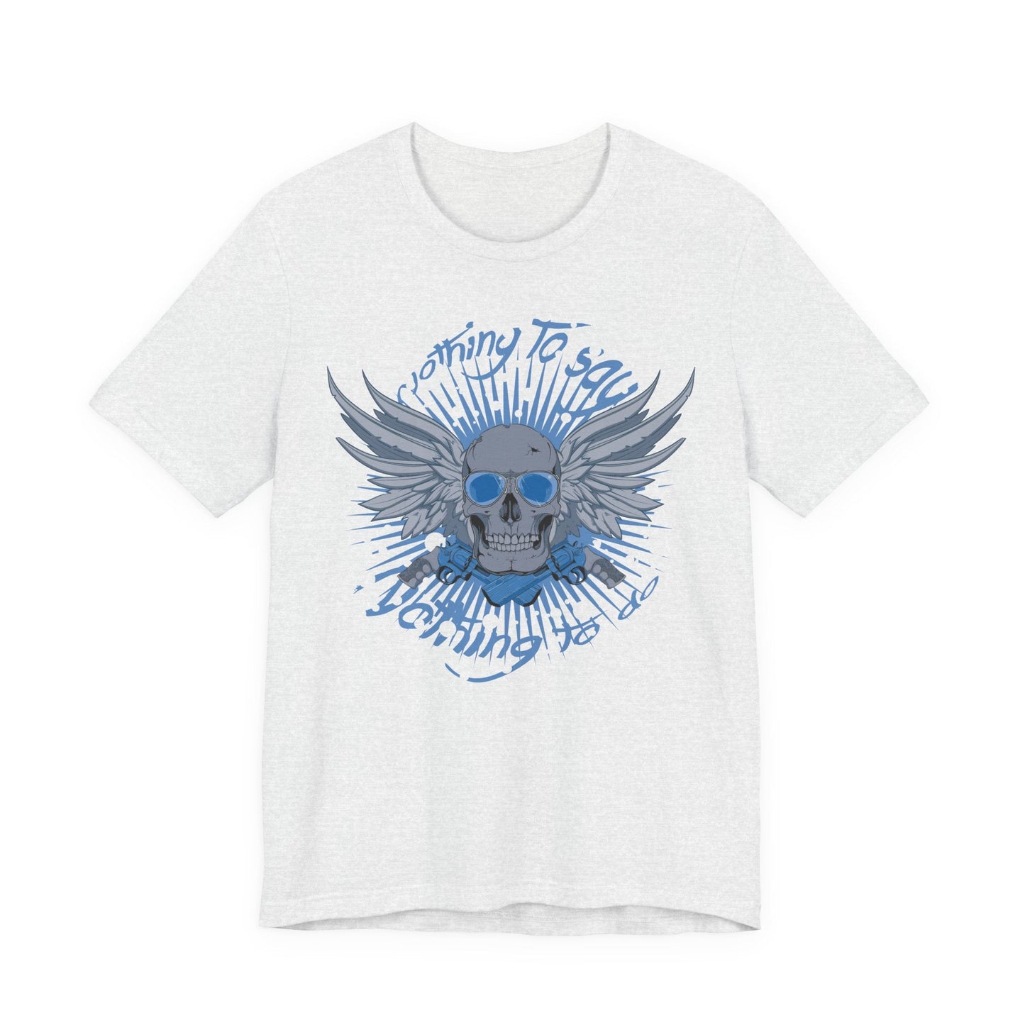 Winged Skull Graphic Tee | Blue Skull with Wings, Radiant Burst