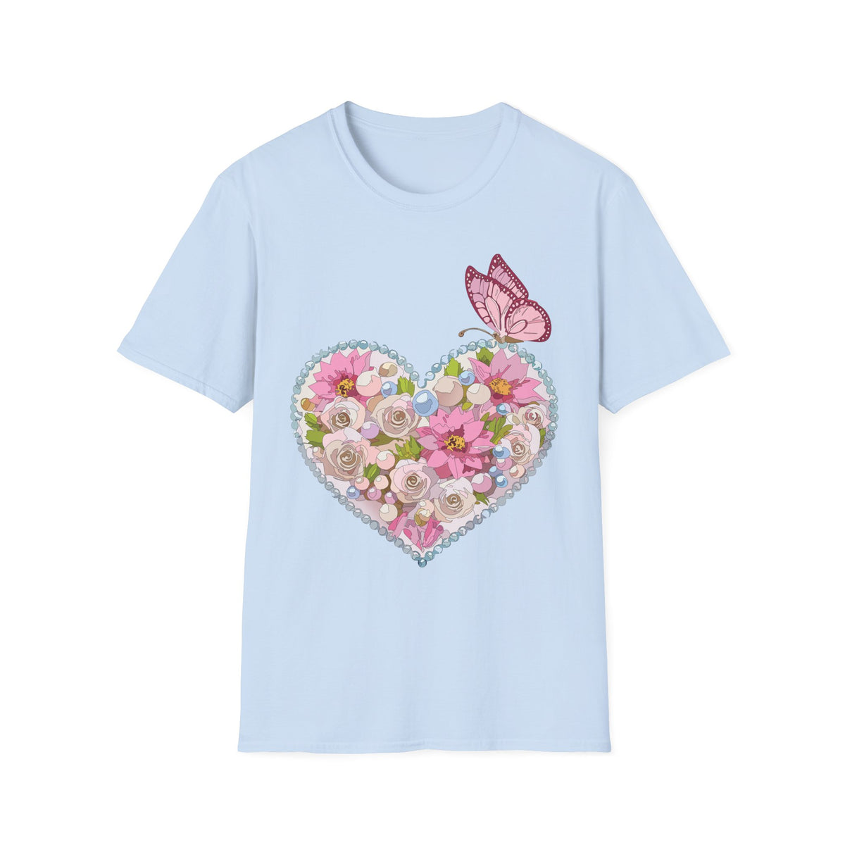 Floral Heart with Butterfly T-Shirt | Pink Flower Heart Graphic Tee Unisex 100 Cotton Gildan T-Shirt