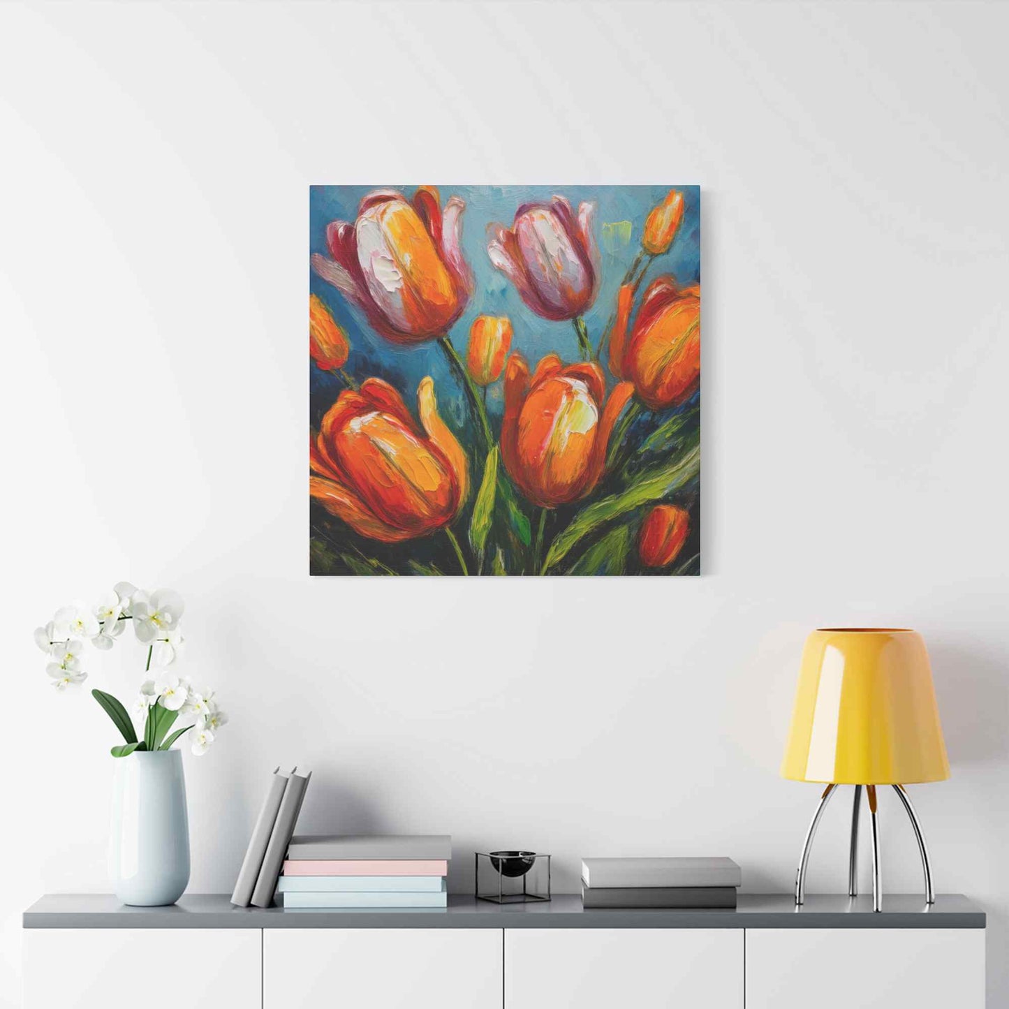 Tulips Print Canvas, Floral Oil Paint Print 20x20, 24x24, 30x30, 32x32, 36x36 Art Design Pine-Wood Inner Frame MC-145