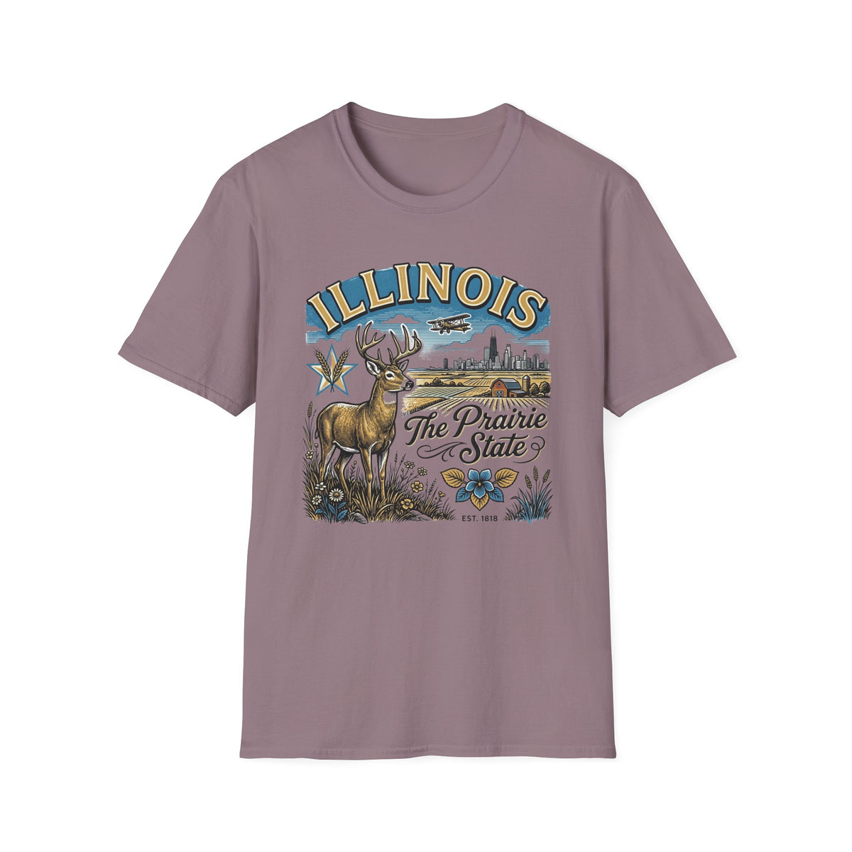 Illinois The Prairie State T-Shirt — Deer & Skyline Vintage Travel Tourist Graphic Tee Unisex 100 Cotton Gildan T-Shirt