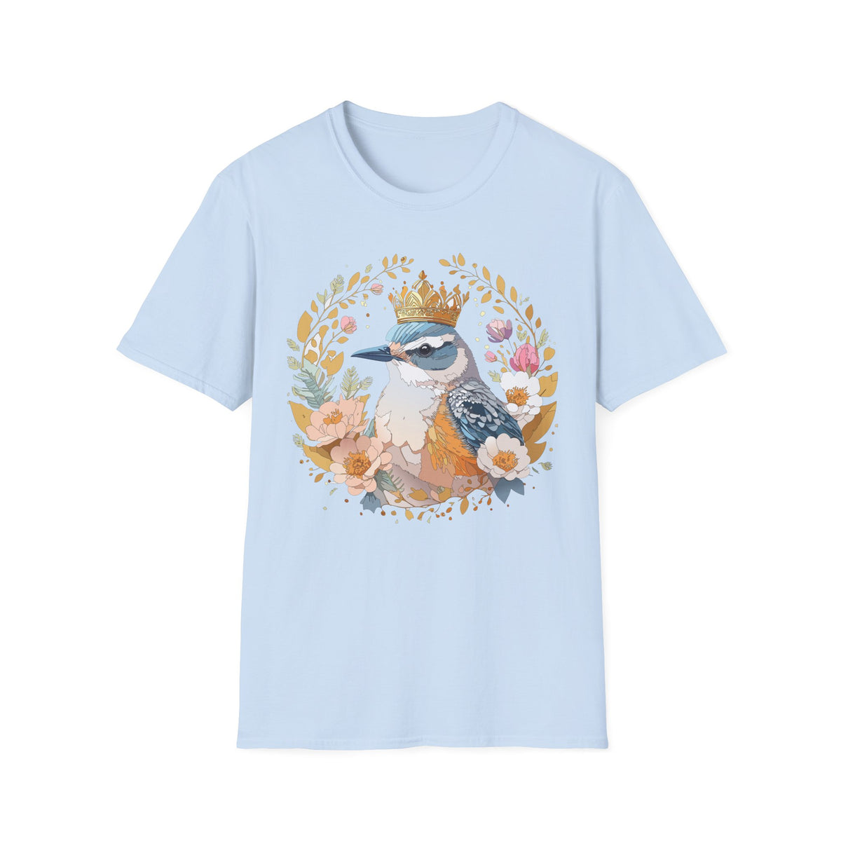 Crowned Bluebird Floral Illustration T-Shirt | Whimsical Bird Art