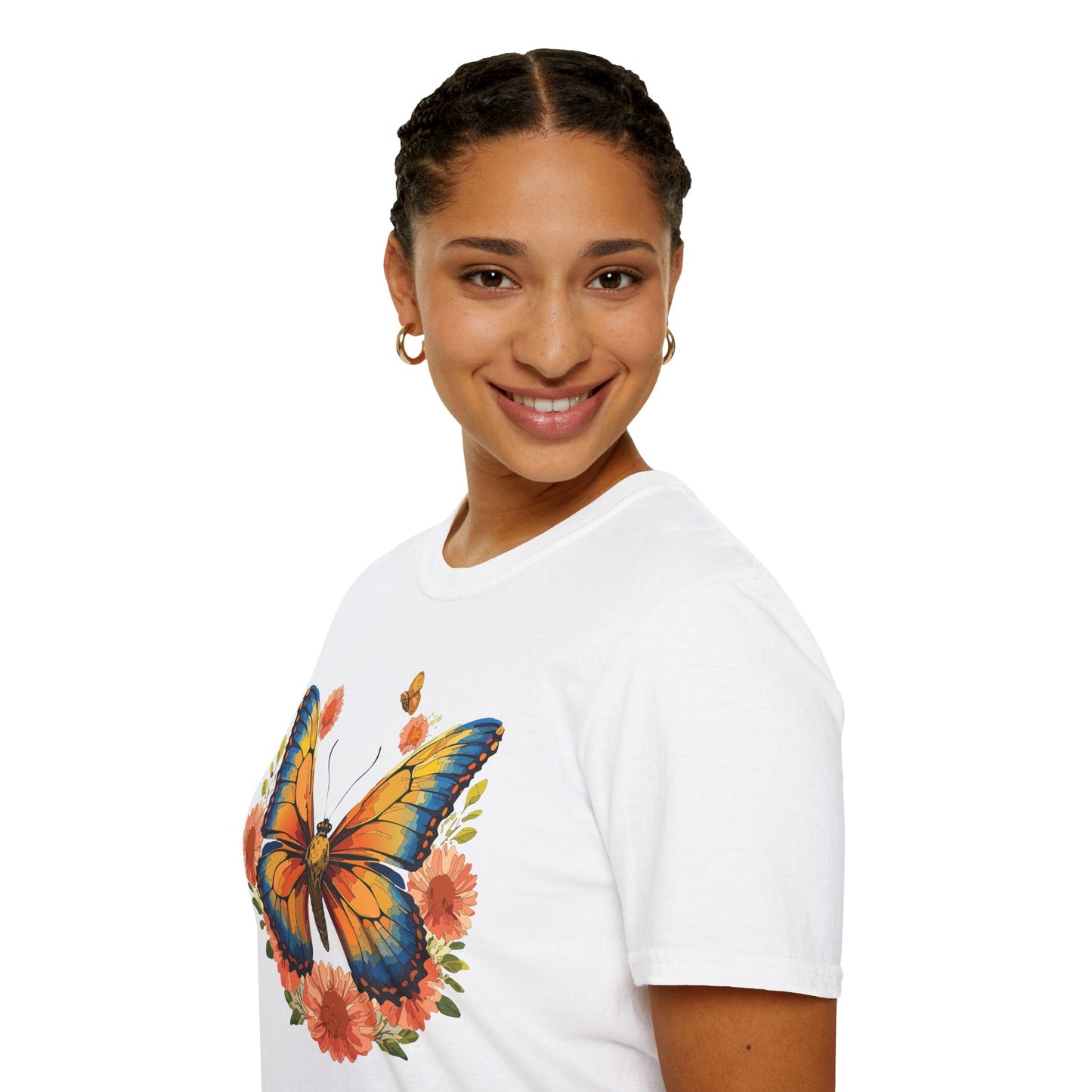 Butterfly T Shirt Unisex Softstyle Gildan 64000 Monarch Print 100 Percent Ring Spun Cotton