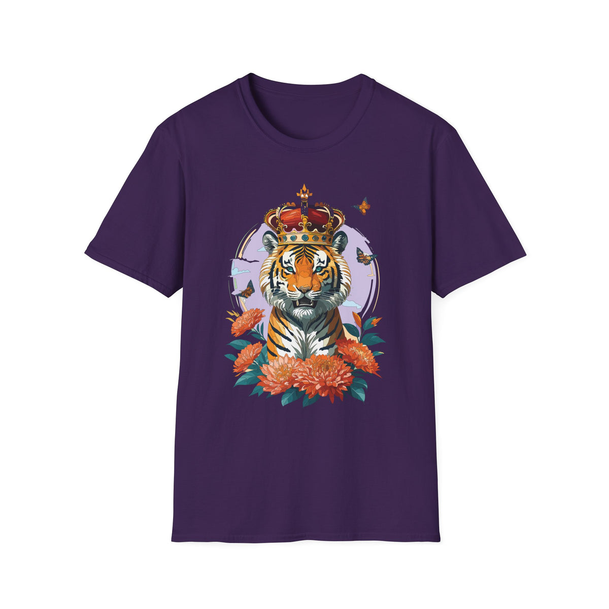 Tiger with Crown T-Shirt | Regal Tiger Artwork, Floral Accents - Unisex 100 Cotton Gildan 64000
