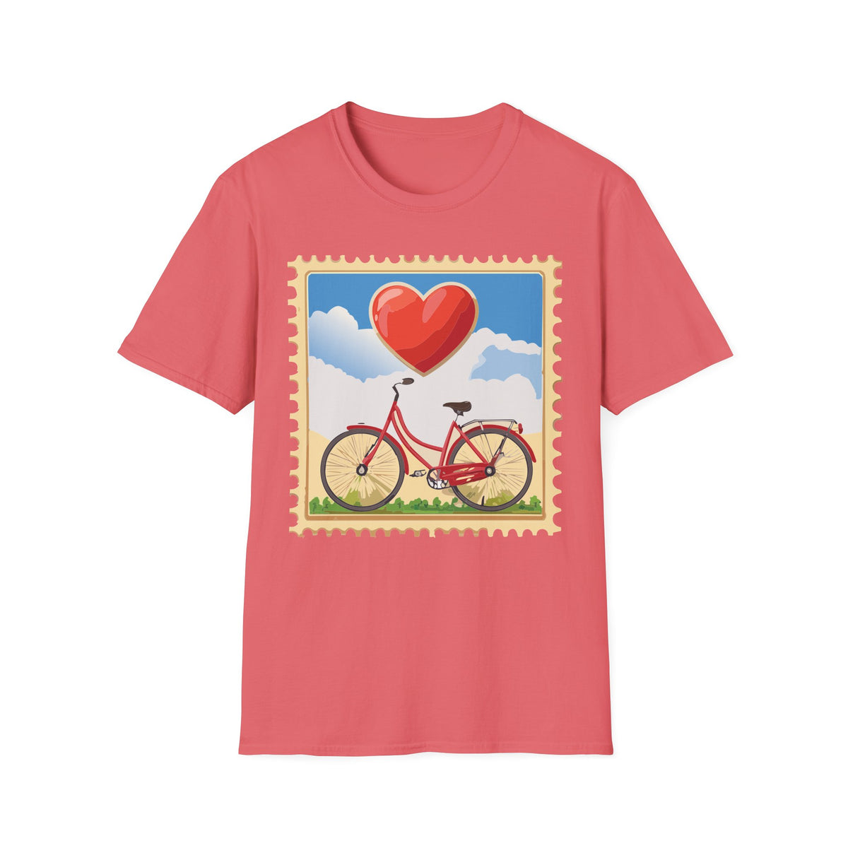 Heart Balloon Bicycle T-Shirt | Retro Stamp Illustration