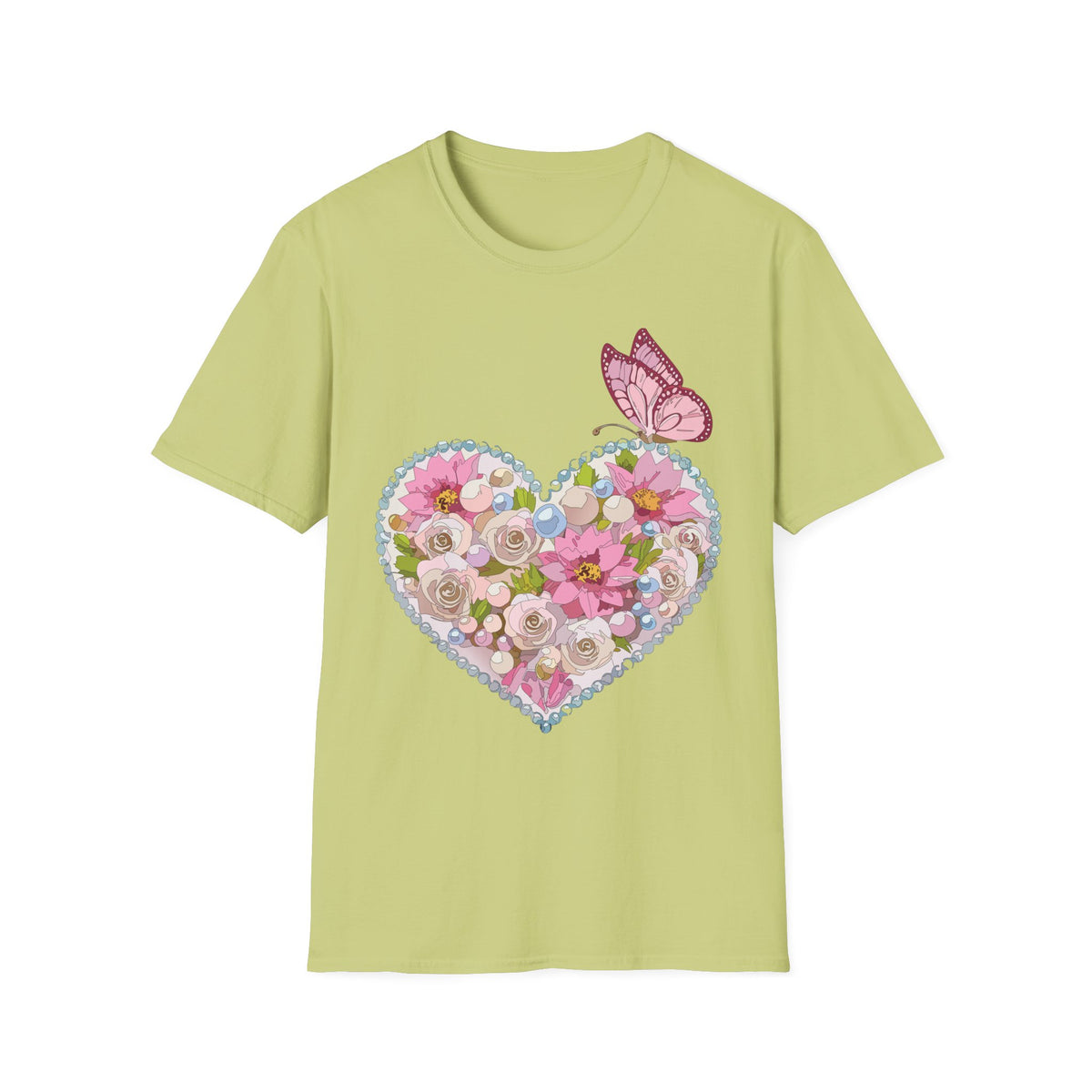 Floral Heart with Butterfly T-Shirt | Pink Flower Heart Graphic Tee Unisex 100 Cotton Gildan T-Shirt