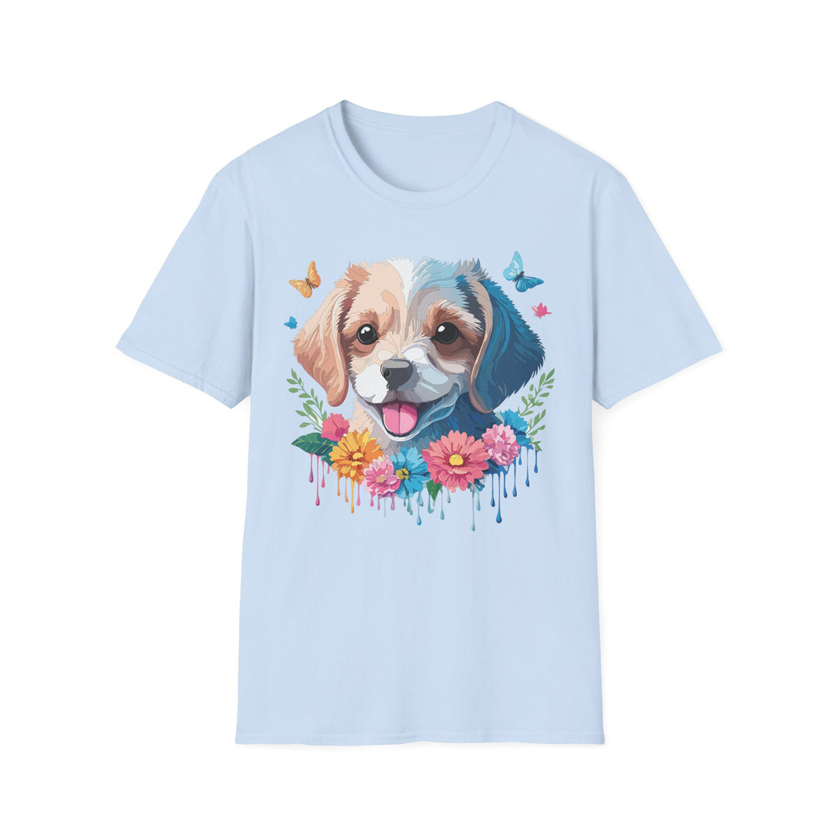 Happy Puppy Face T-Shirt | Cute Dog Portrait, Flowers & Butterflies