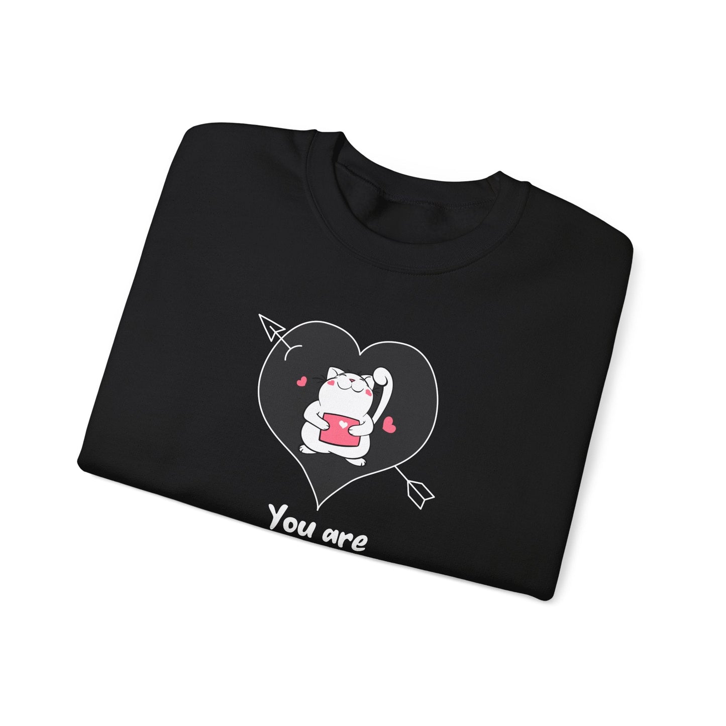 Cat Heart Sweatshirt Unisex Valentines Day Fifty Fifty Cotton Poly Crewneck Gildan 18000