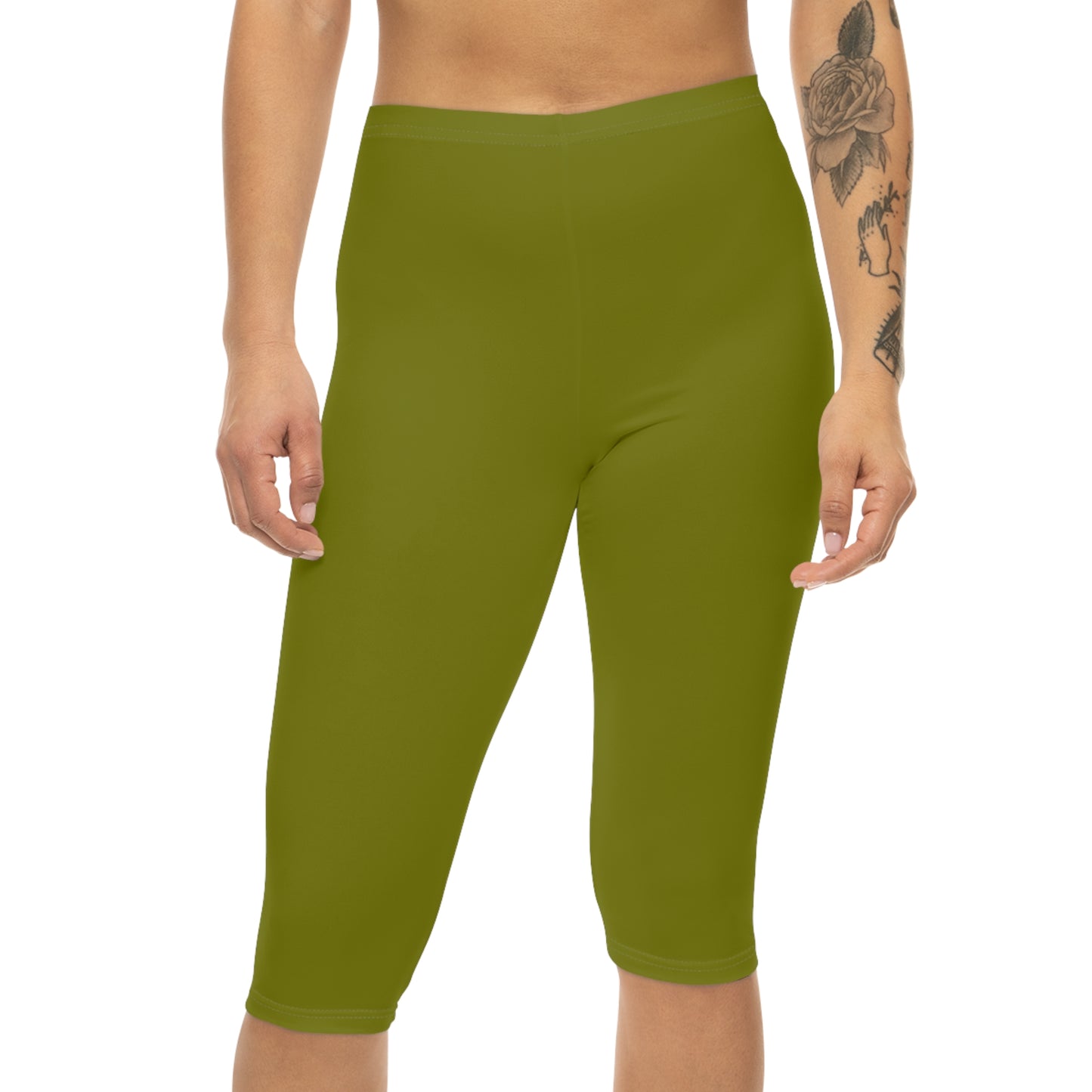 Olive Color Women's Brushed Suede Poly Span Casual Capri Leggings XS-2XL