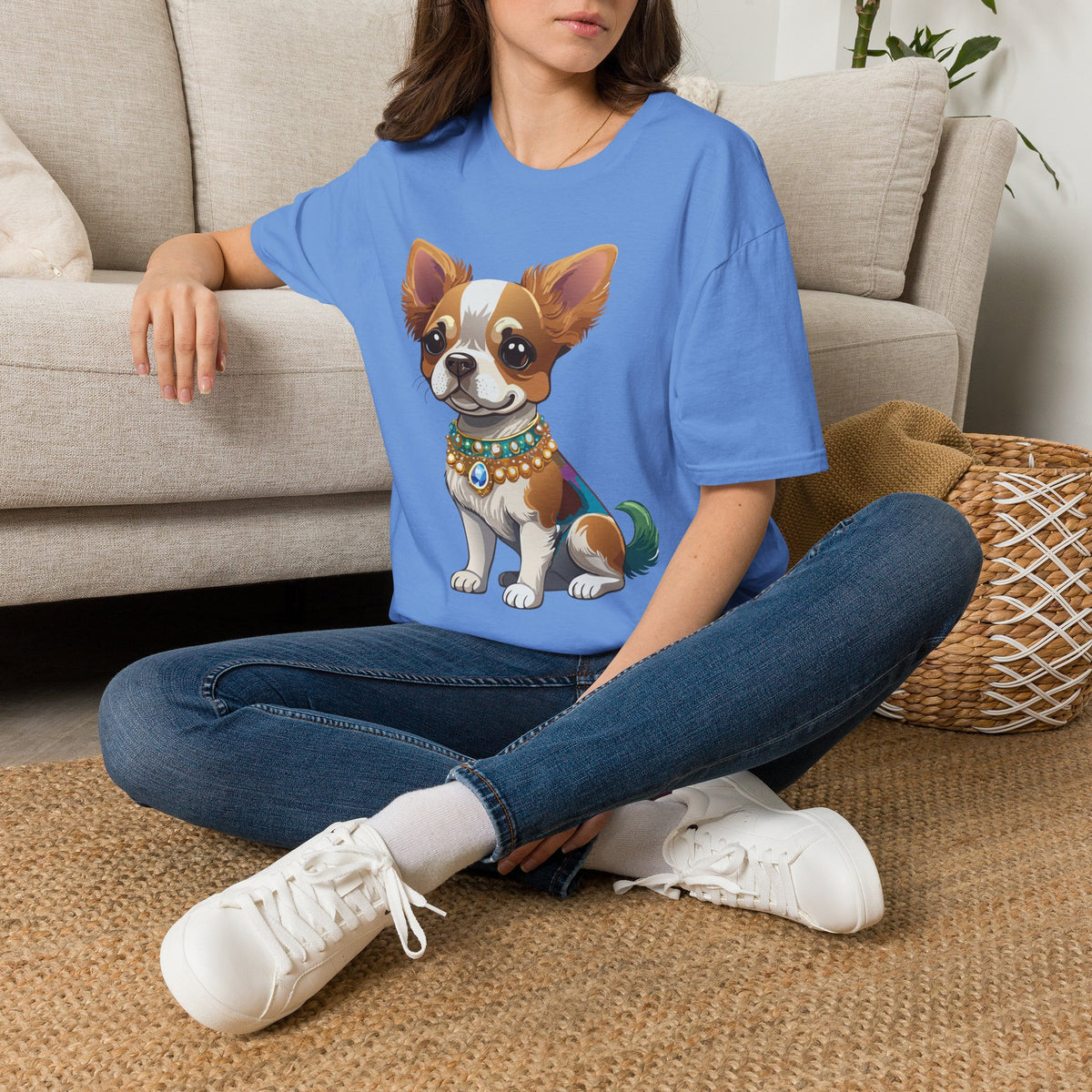 Chihuahua Pup Graphic T-Shirt — Cute Jewel-Collared Dog Graphic Design Unisex 100 Cotton Gildan T-Shirt