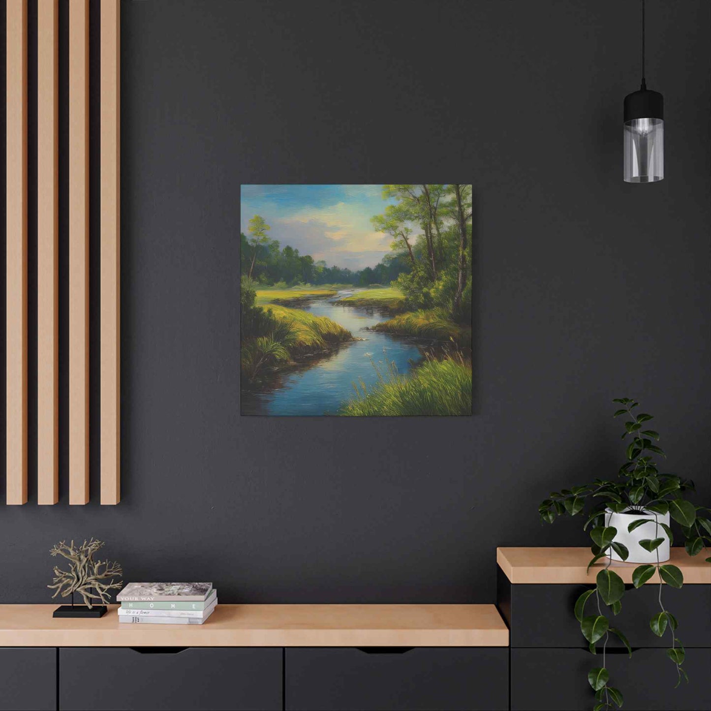 River Print Canvas, Landscape Oil Paint Print 20x20, 24x24, 30x30, 32x32, 36x36 Art Design Print Pine-Wood Inner Frame MC-52