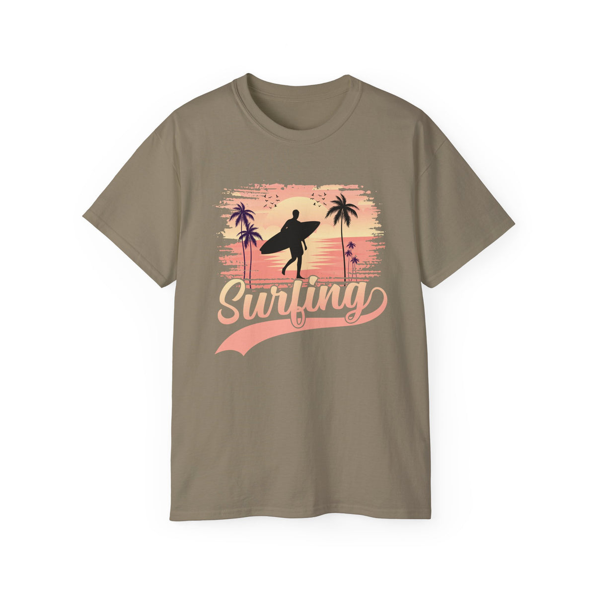 Surfing Silhouette Sunset T-Shirt | Palm Trees, Retro Wave Graphic