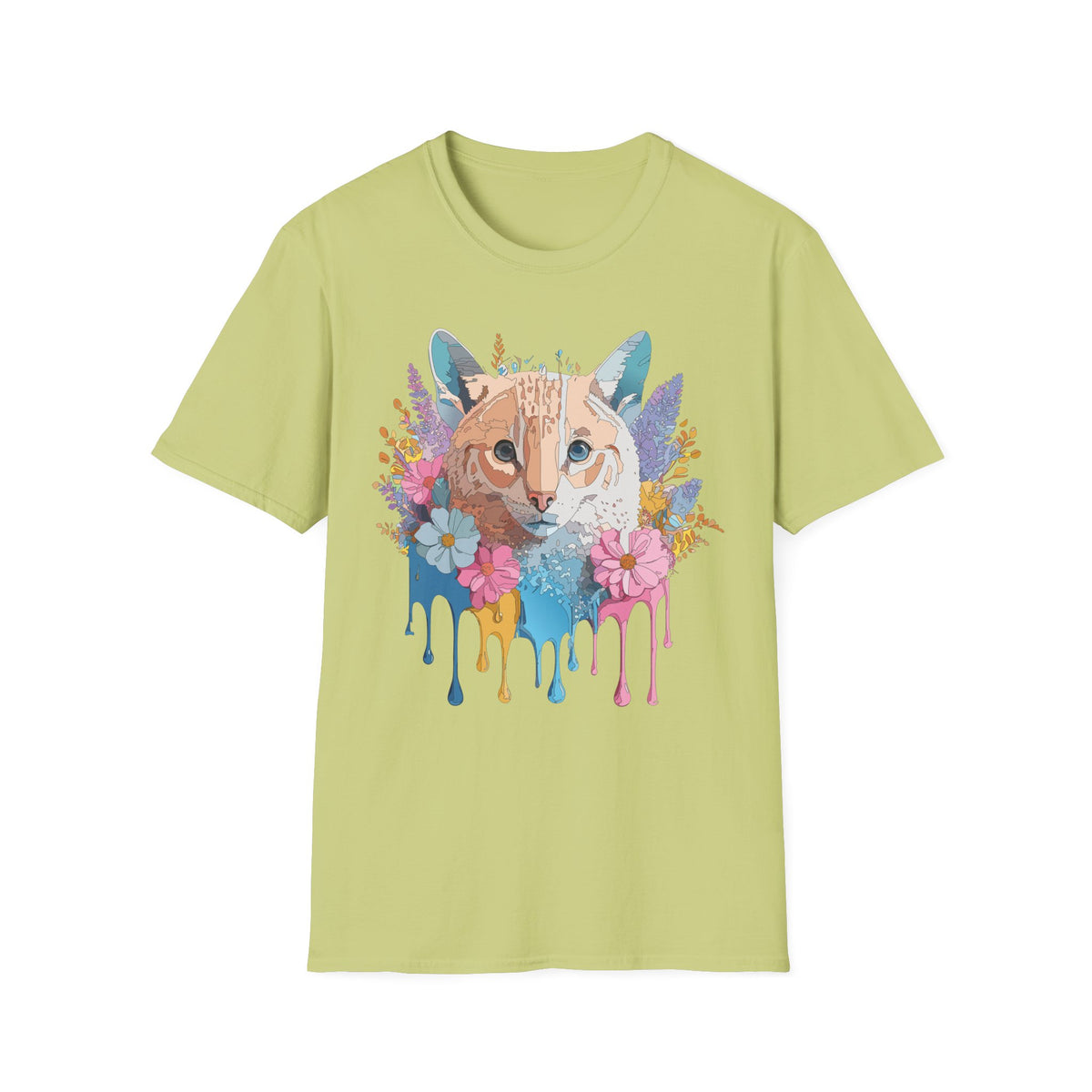 Watercolor Cat Face T-Shirt | Floral Drip Art, Colorful Kitty Tee
