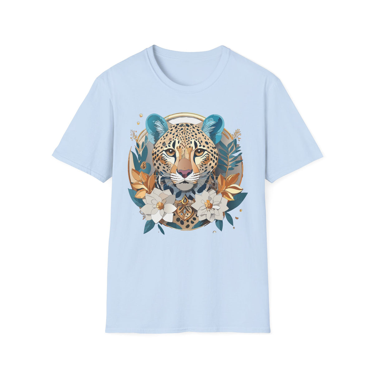 Boho Cheetah Face T-Shirt | Floral Leaves Illustration