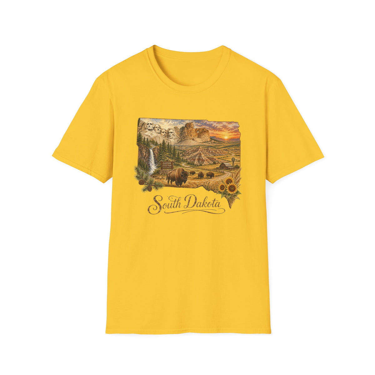 South Dakota Scenic T-Shirt — State Landscape Sunset Travel Tourist Graphic Design Unisex 100 Cotton Gildan T-Shirt