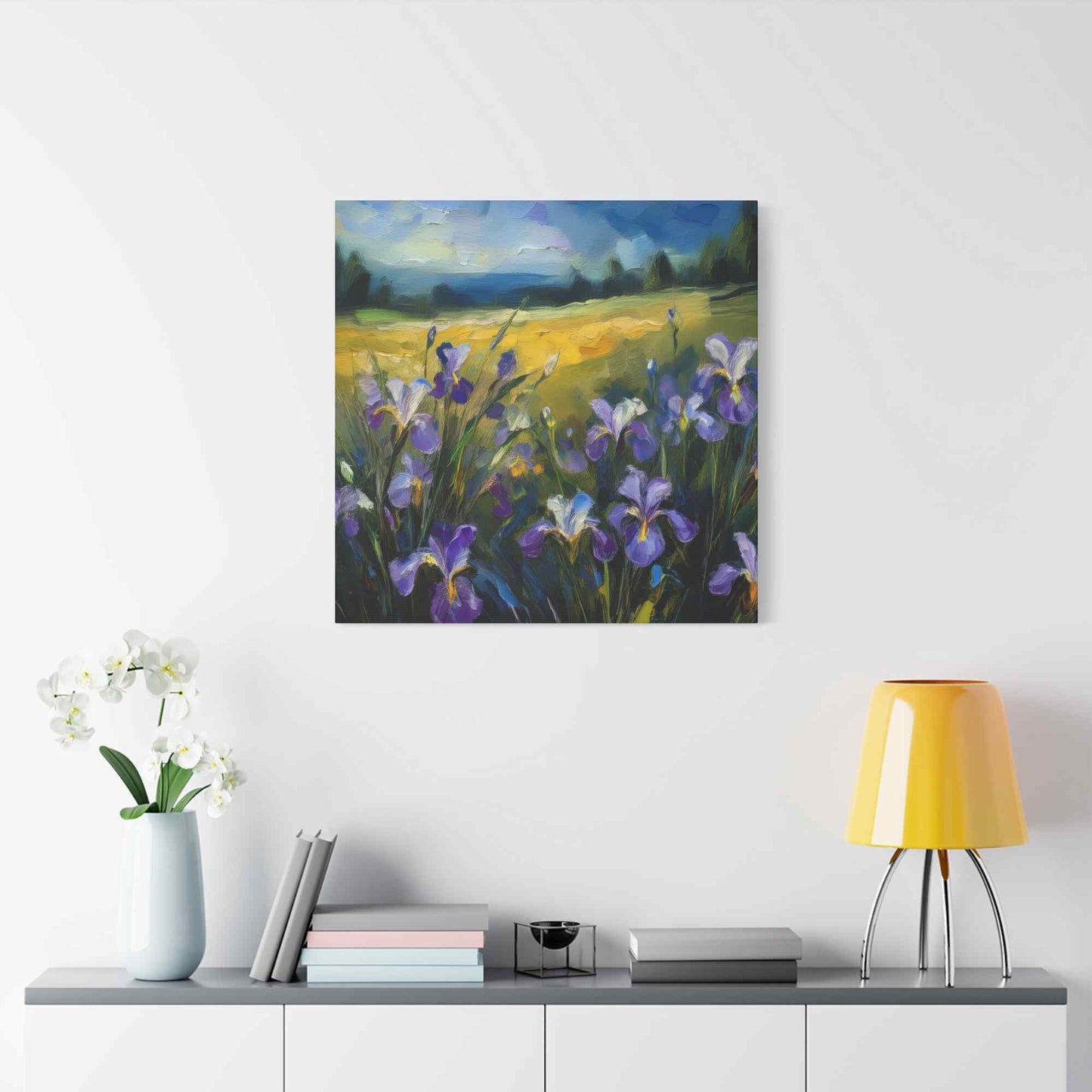 Irises Floral Print Canvas, Floral Oil Paint Print 20x20, 24x24, 30x30, 32x32, 36x36 Art Design Pine-Wood Inner Frame MC-182