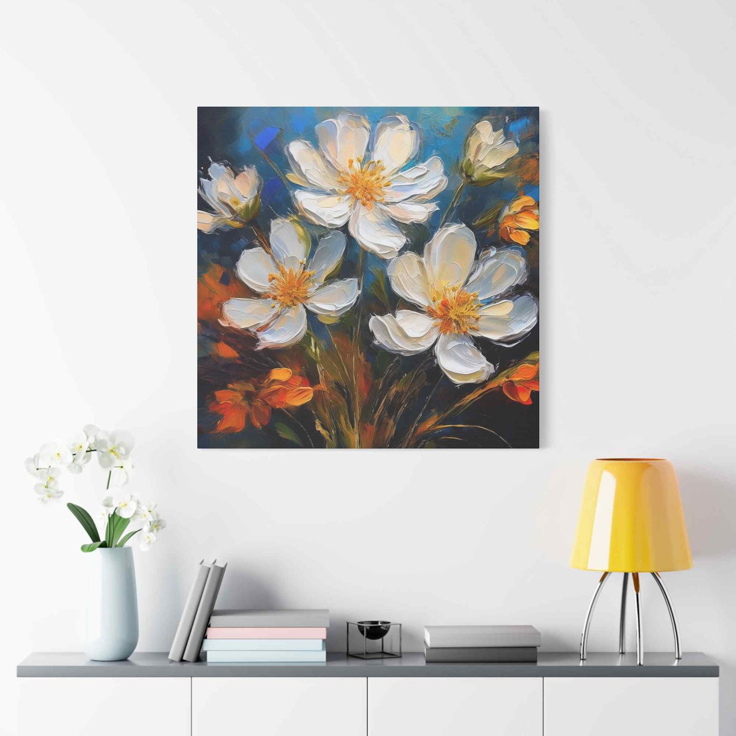 White Flowers Print Canvas, White Flowera Oil Paint Print 20x20, 24x24, 30x30, 32x32, 36x36, Art Design Print Non-Frame MC-6