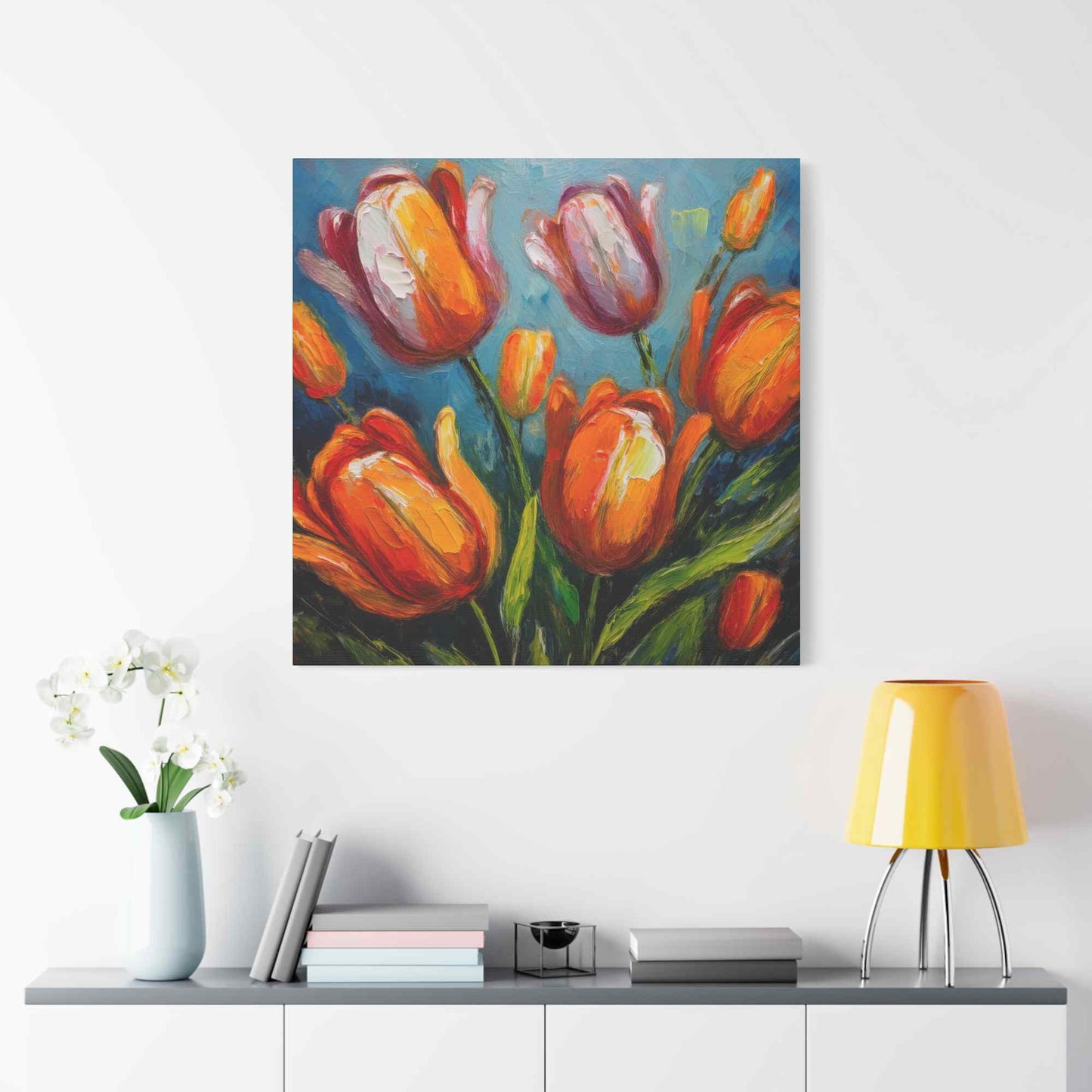 Tulips Print Canvas, Floral Oil Paint Print 20x20, 24x24, 30x30, 32x32, 36x36 Art Design Pine-Wood Inner Frame MC-145