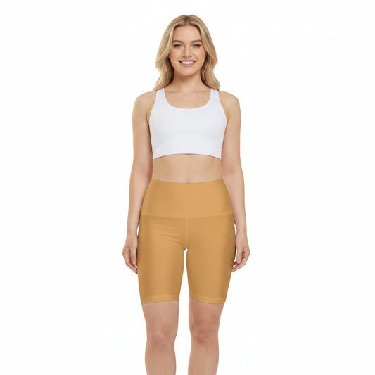 Sunlit Clay Yellow Women's High-Waist Workout Shorts — Solid Mustard Biker Shorts for Gym, Yoga & Everyday Activewear