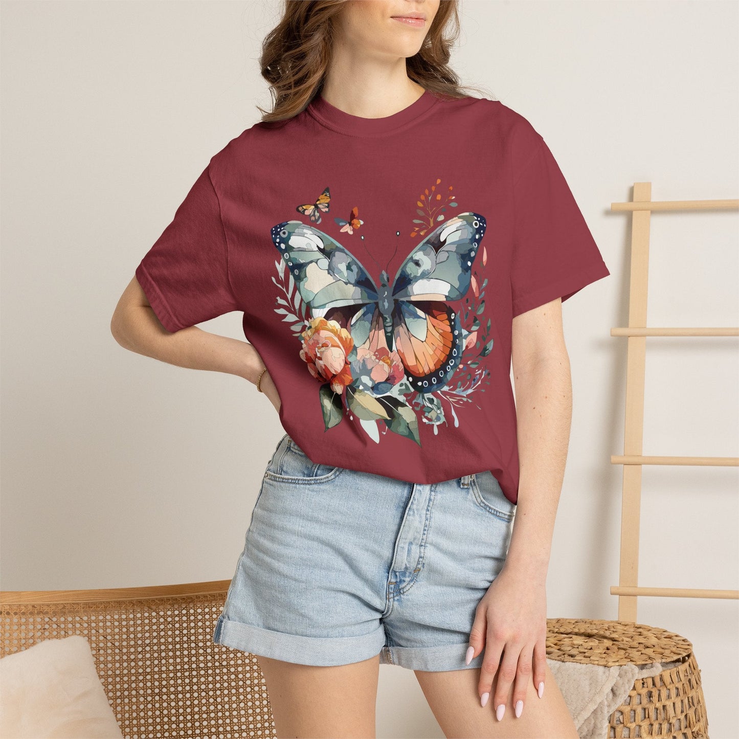 Butterfly Floral Print T-Shirt Botanical Design Unisex Heavy Cotton Tee b1
