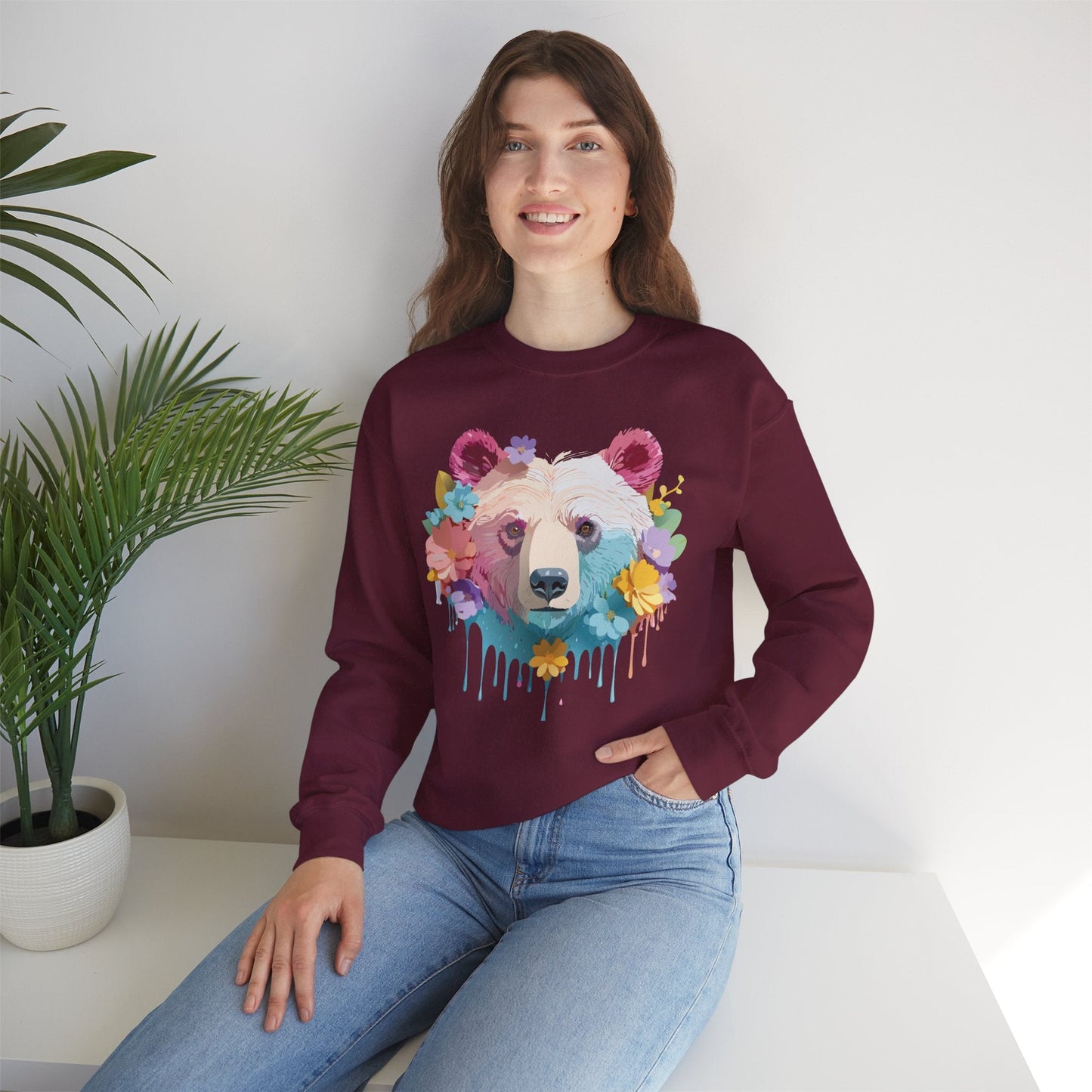 Unisex Floral Bear Sweatshirt Gildan 18000 Art Design Animals