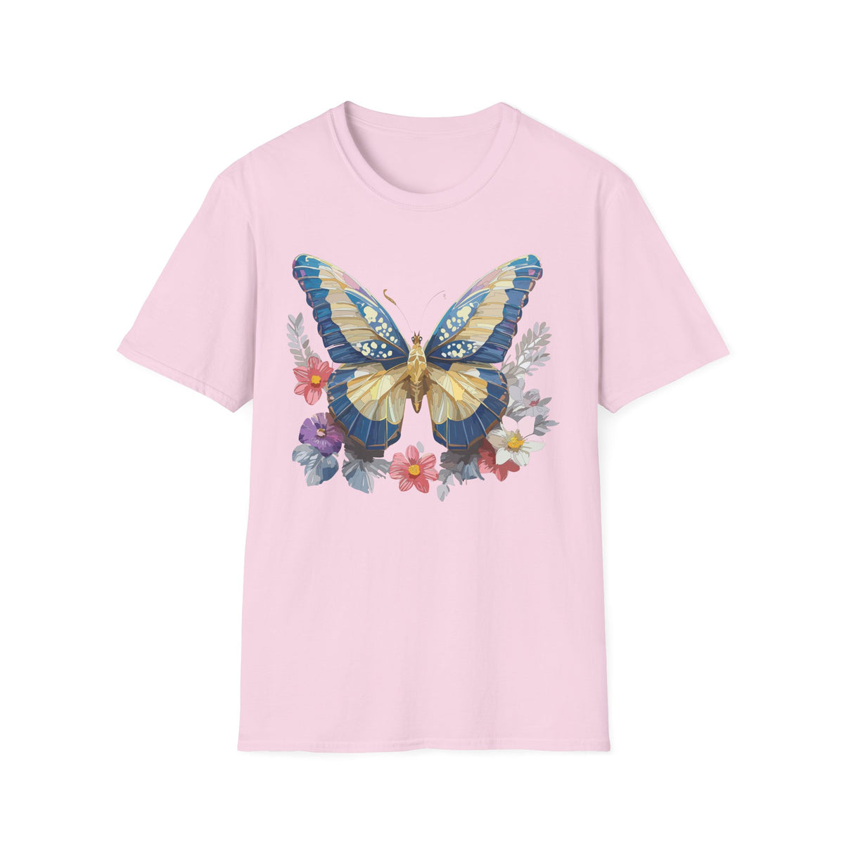 Blue Yellow Butterfly T-Shirt | Floral Wings Nature Graphic Tee Unisex 100 Cotton Gildan T-Shirt