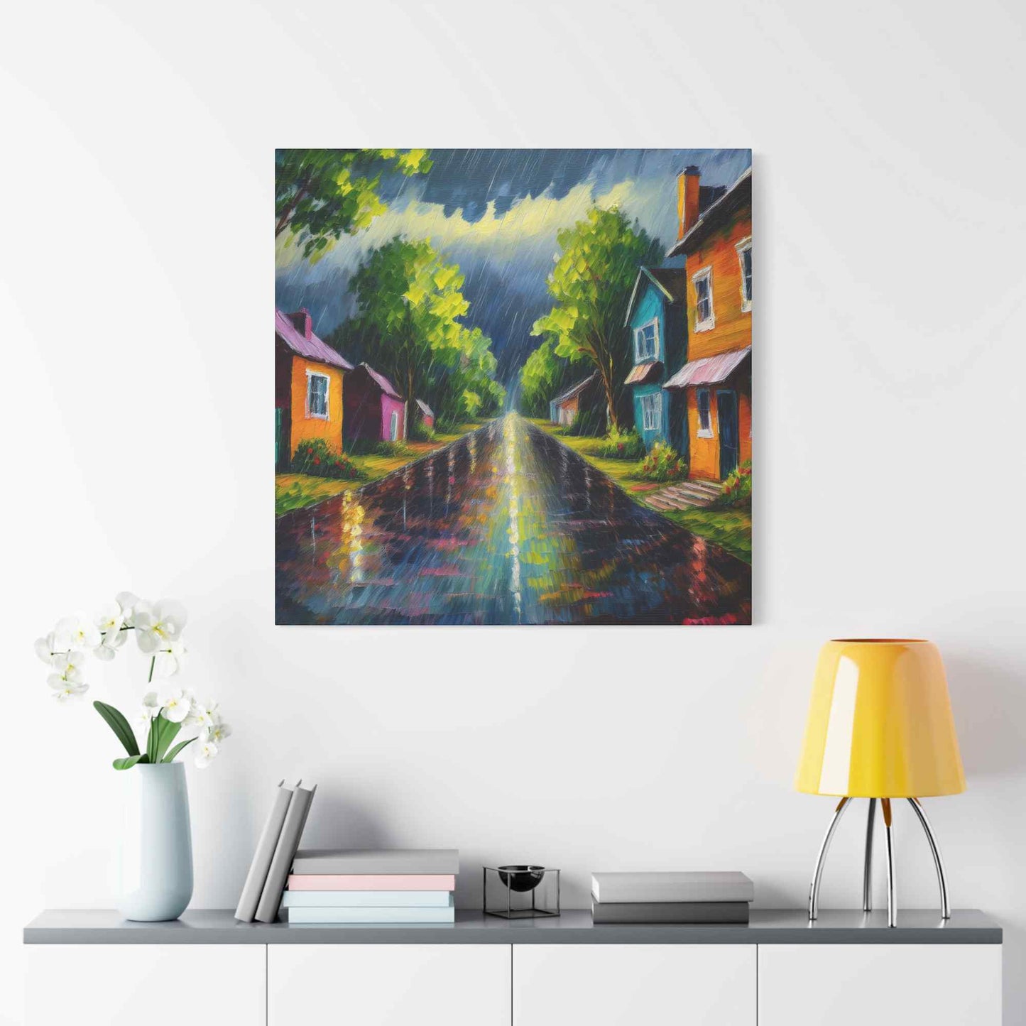 Rainy Village Street Canvas, Matte Oil Paint Print 20x20, 24x24, 30x30, 32x32, 36x36, Art Design Print Non-Frame MC-2