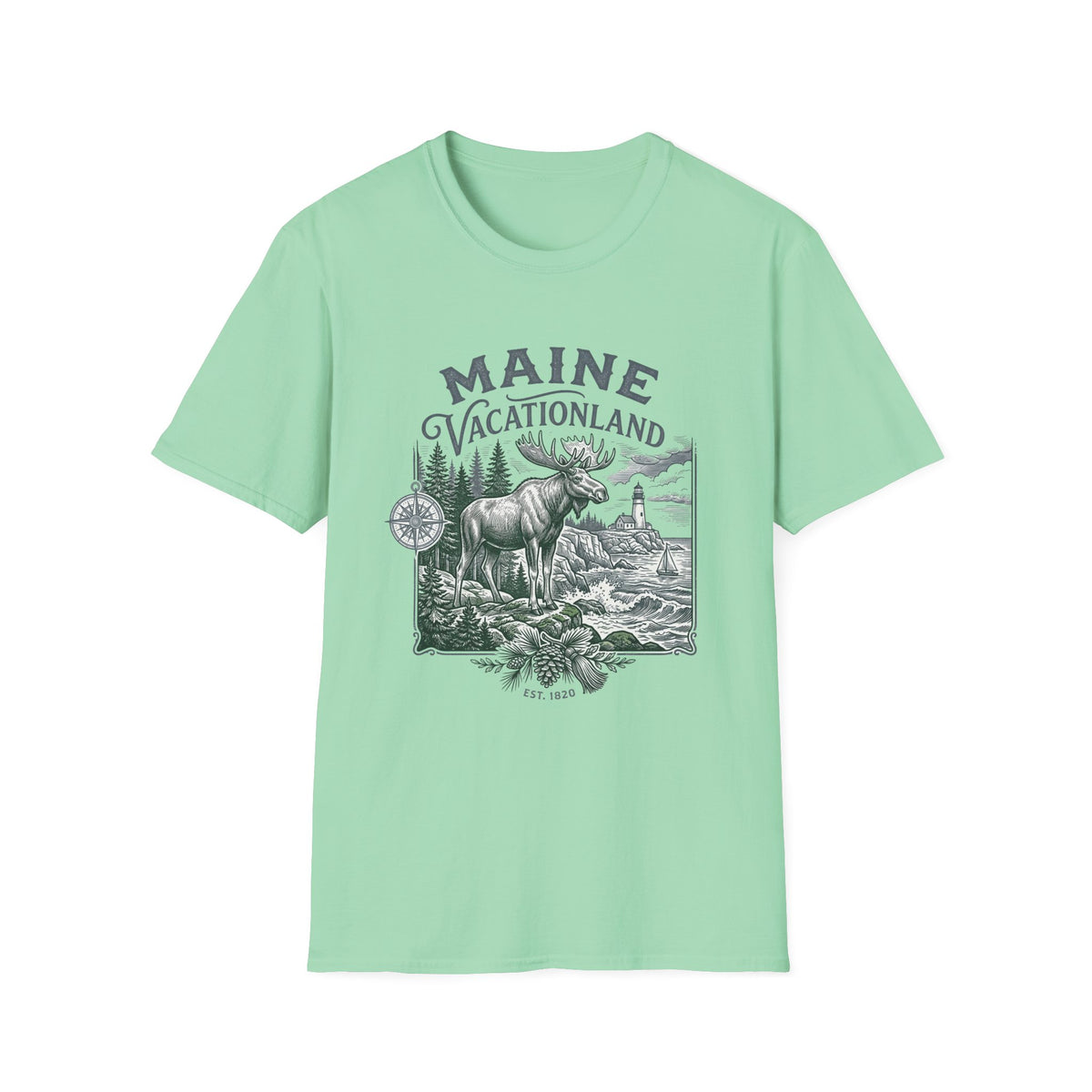Maine Vacationland T-Shirt – Vintage Moose, Lighthouse State Travel Travel Tourist Graphic Design Unisex 100 Cotton Gildan T-Shirt
