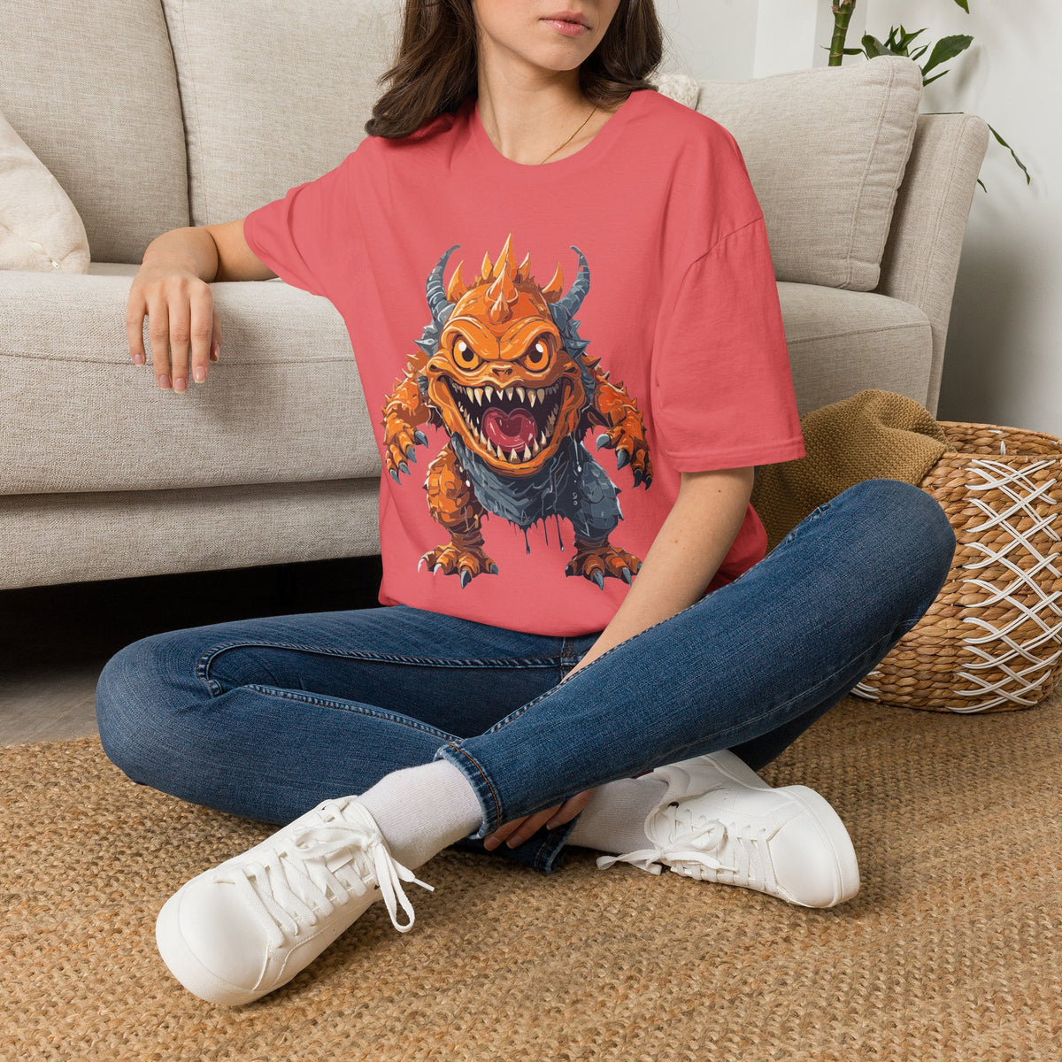 Monster Graphic T-Shirt — Fierce Orange Demon Creature Design Cartoon Graphic Tee Unisex 100 Cotton Gildan T-Shirt