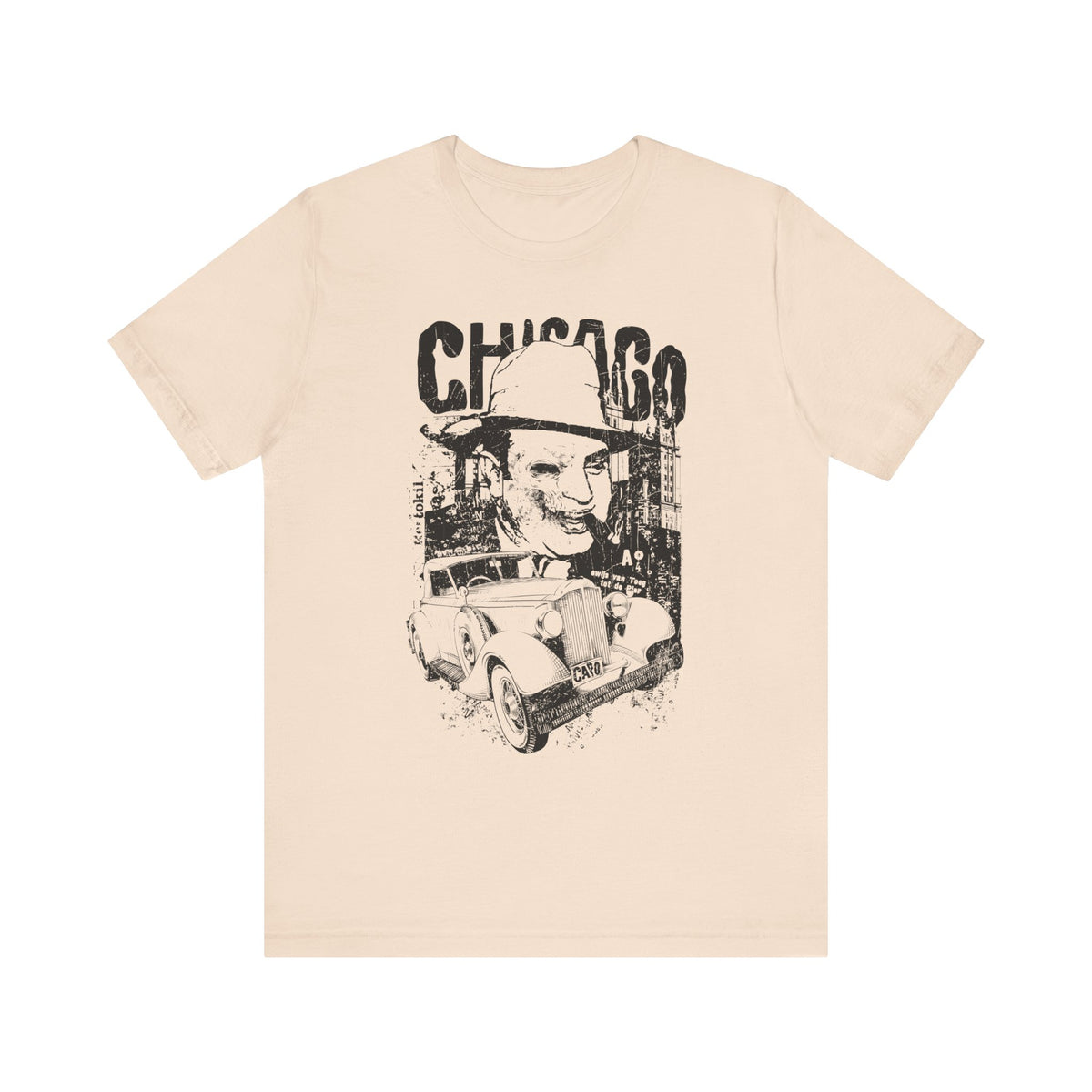 Chicago Retro Mobster Illustration Tee Vintage Car Cityscape Art Design Unisex Cotton T-Shirt A-8