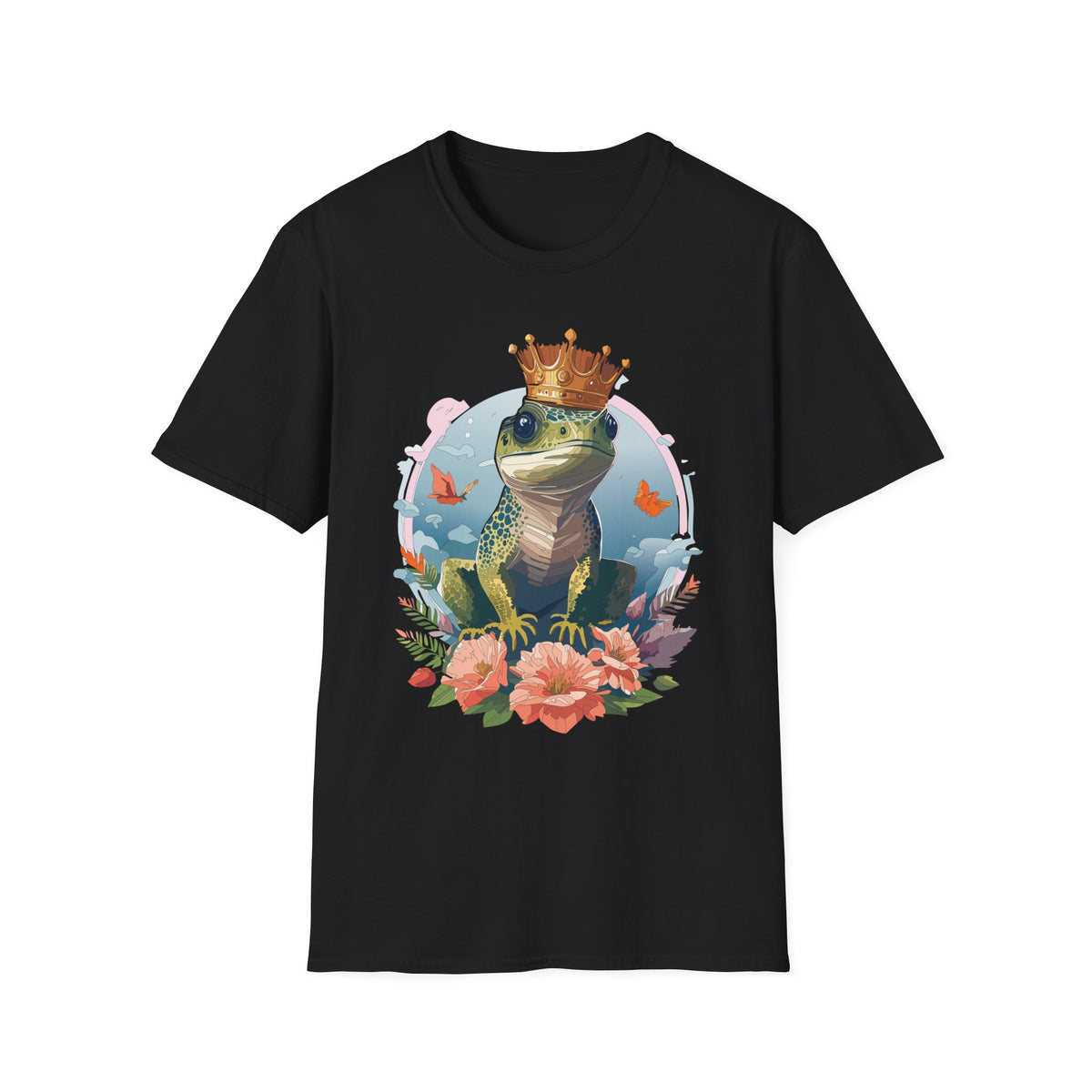 Frog Prince T-Shirt | Crowned Frog Illustration, Floral Accent