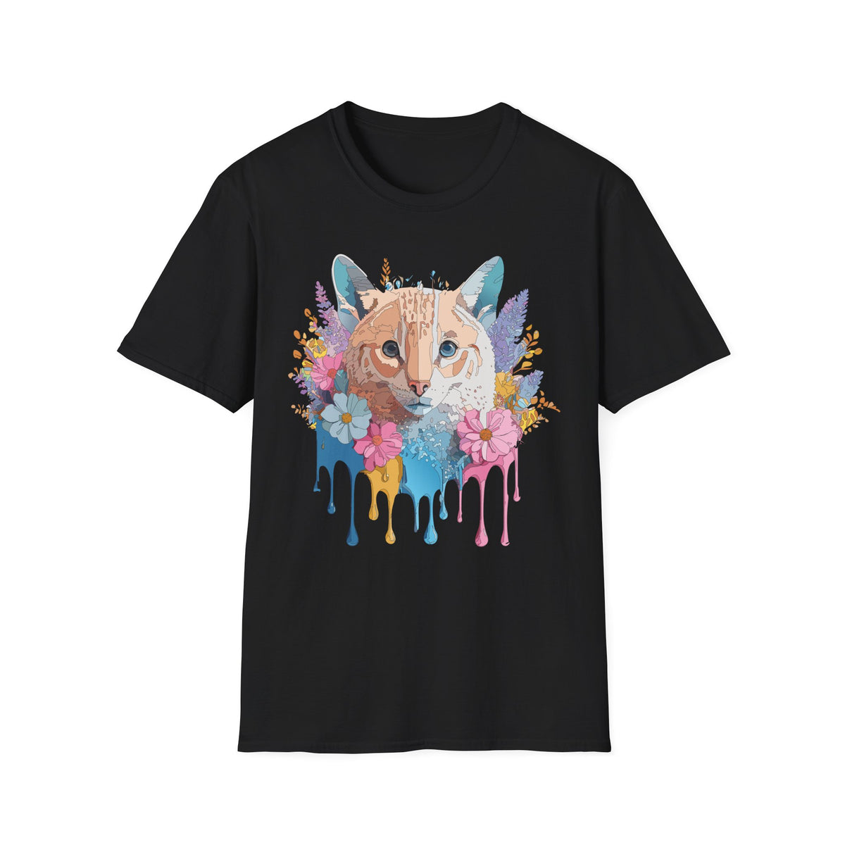 Watercolor Cat Face T-Shirt | Floral Drip Art, Colorful Kitty Tee