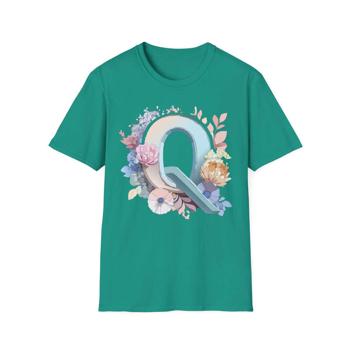 Floral Letter Q T-Shirt | Monogram Initial Tee, Pastel Botanical Alphabet