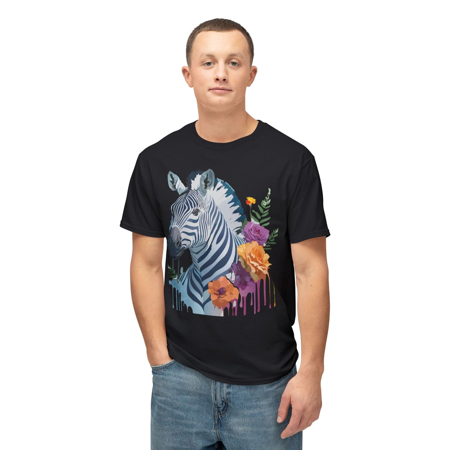 Unisex Zebra T Shirt With Floral Art Print Premium HD Cotton Jersey Tee Made In USA