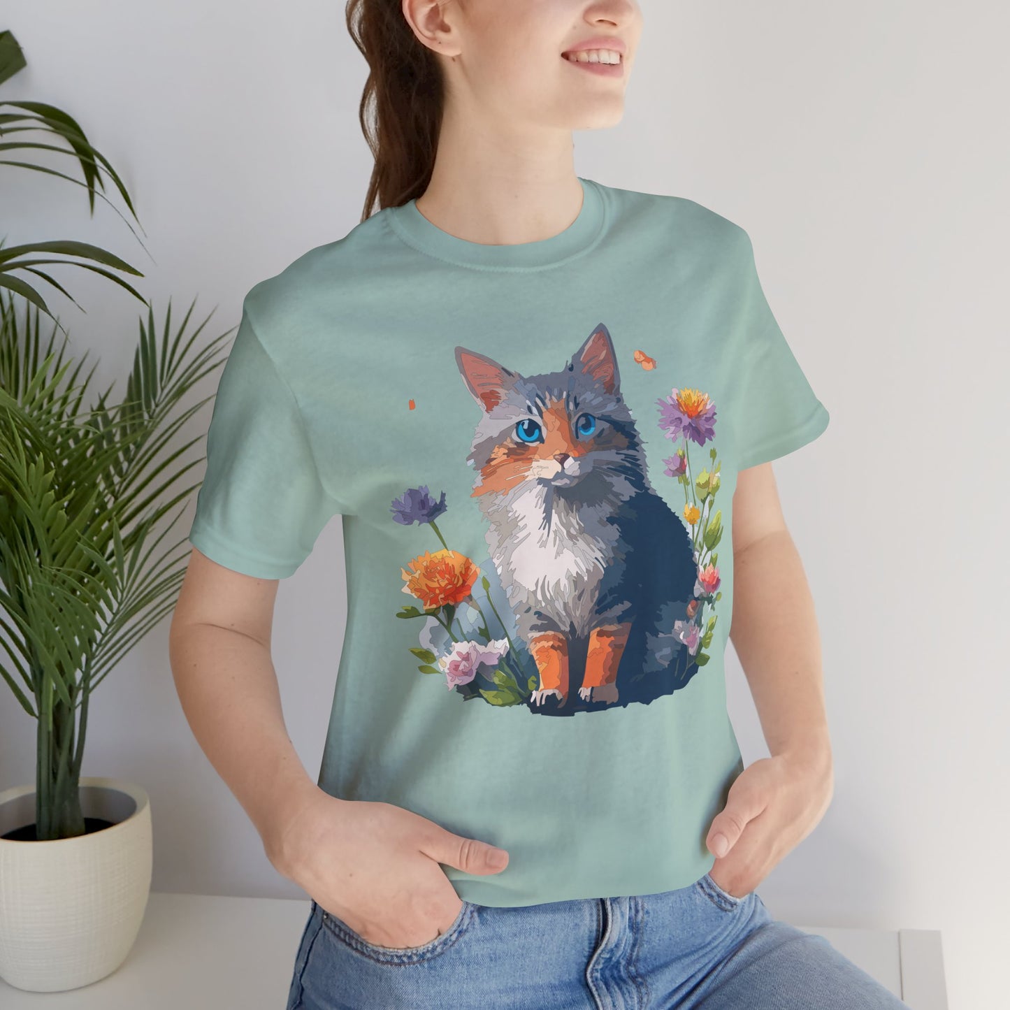 Floral Cat Tee, Animal Shirt, Cat Shirt, Floral Tee, Flower T-shirt, T-Shirt with Animal, Summer Top with Art Design