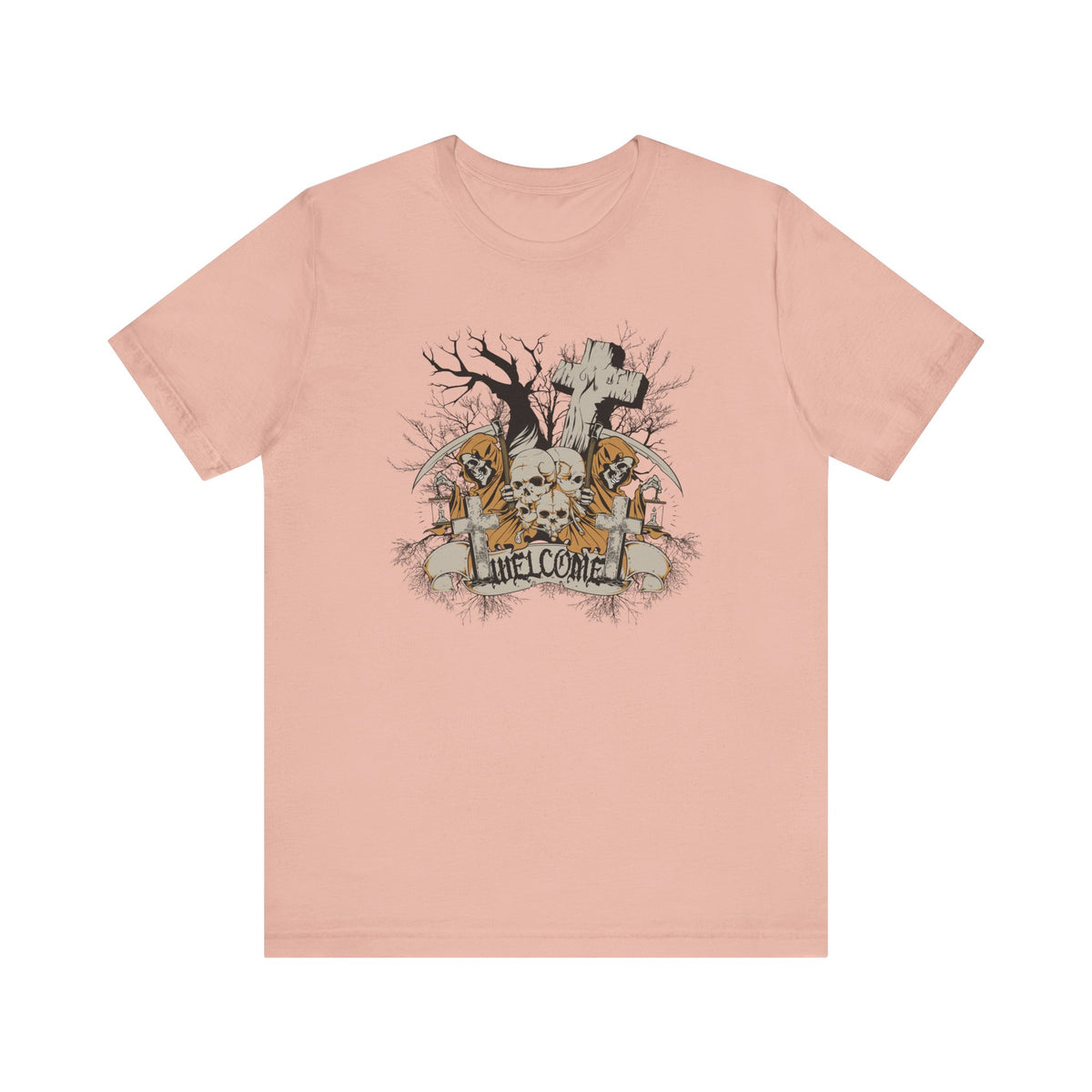 Skull Graveyard Welcome Tee Halloween Haunted Tree Cross Tombstone Unisex Cotton Art-50