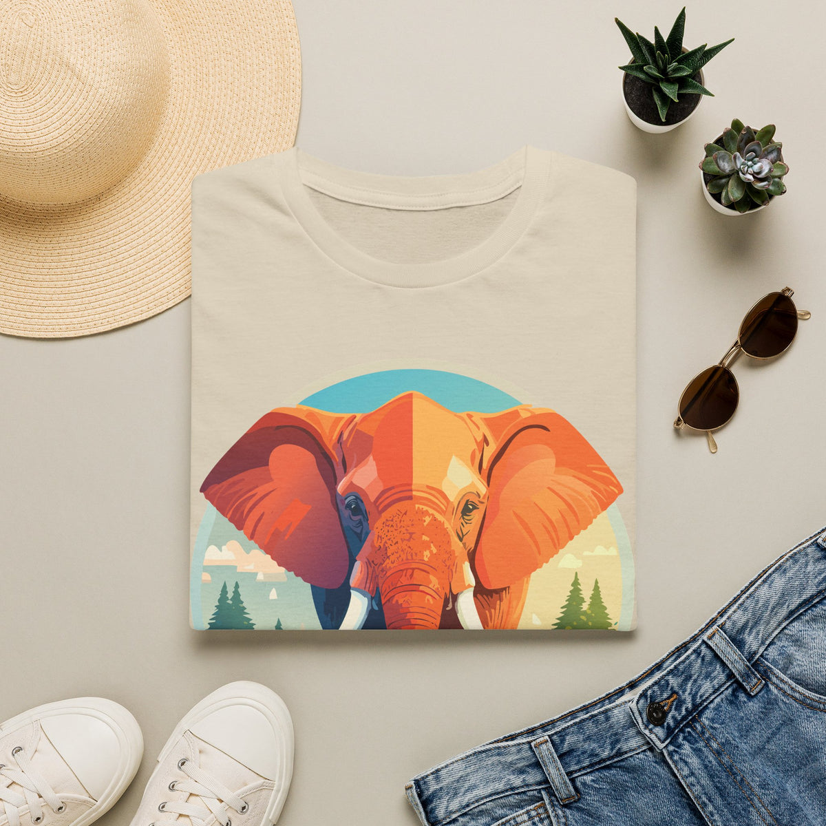 Colorful Elephant Illustration T-Shirt | Retro Forest Circle Art