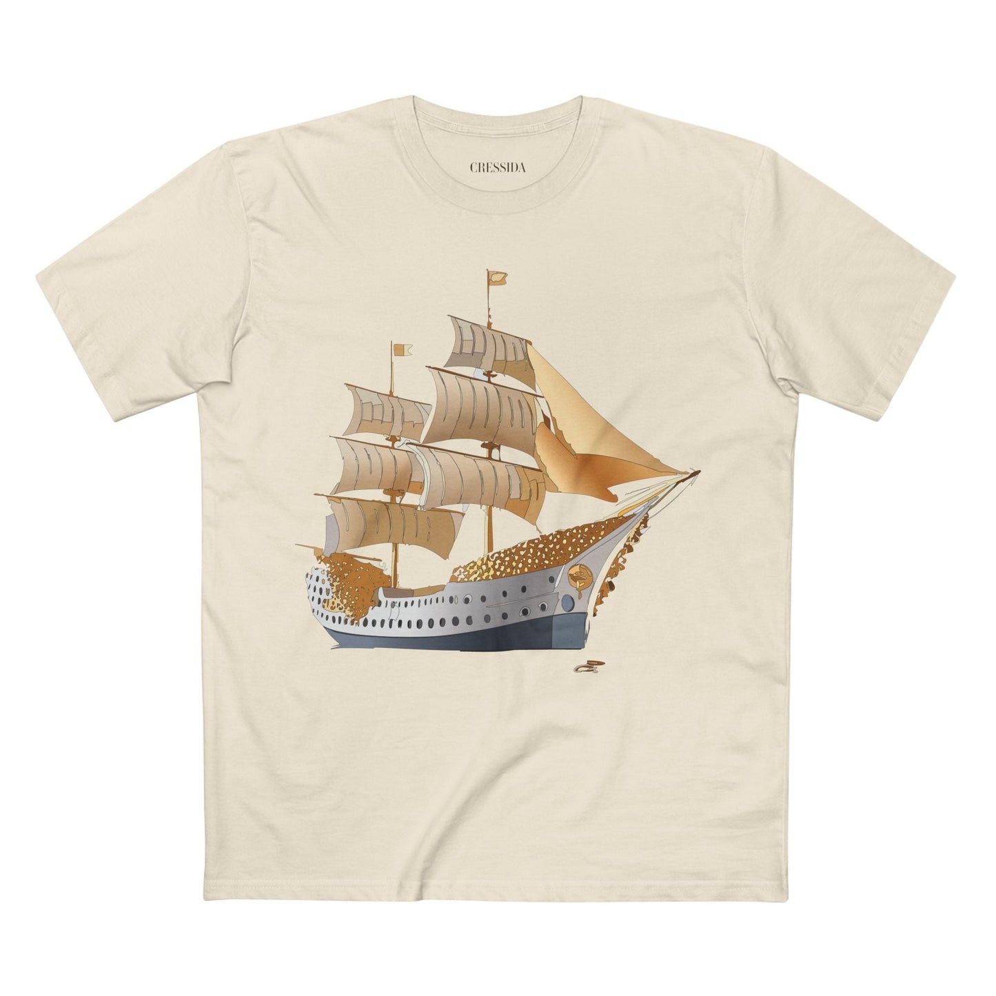 Ship Graphic Unisex 100 Cotton T-Shirt with Gold Frigate Art Design 25