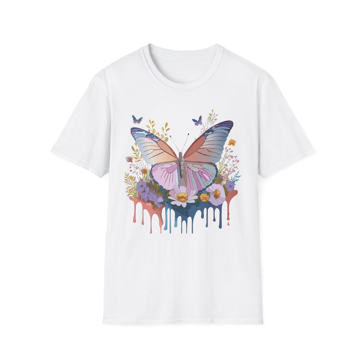 Butterfly Floral T-Shirt — Pastel Watercolor Wings with Drip Art Graphic Tee Unisex 100 Cotton Gildan T-Shirt