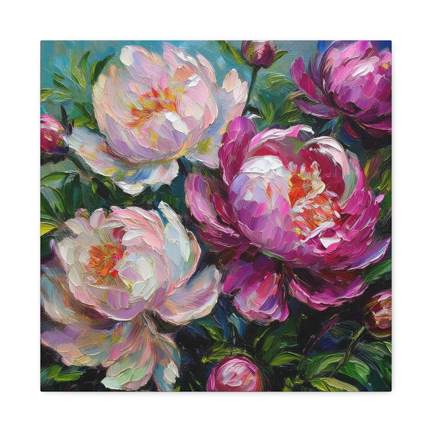 Pink Peonies Print Canvas, Floral Oil Paint Print 20x20, 24x24, 30x30, 32x32, 36x36 Art Design Pine-Wood Inner Frame MC-115