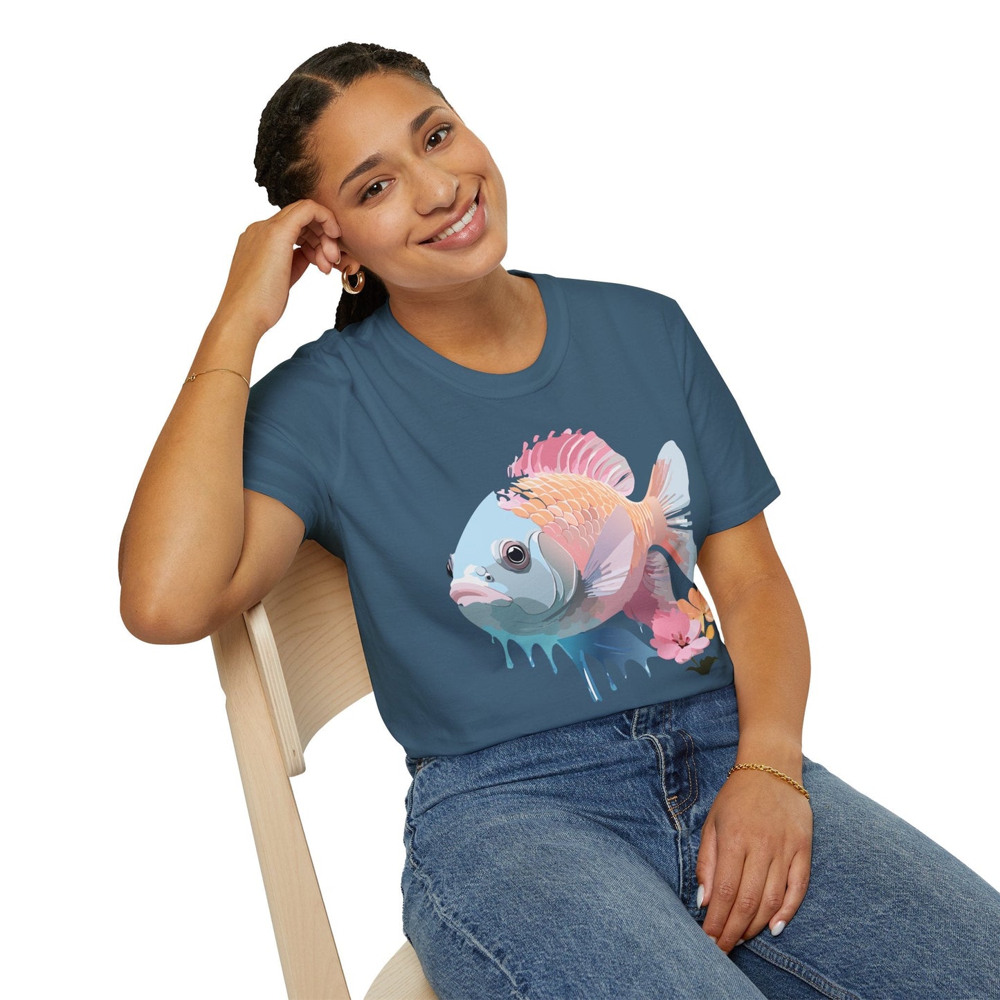 Fish Art Design Shirt Unisex Graphic Tee 100 Percent Ring Spun Cotton Softstyle Gildan 64000