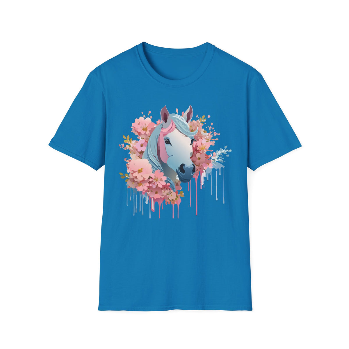 Pastel Floral Unicorn T-Shirt | Horse Portrait, Pink Blue Mane