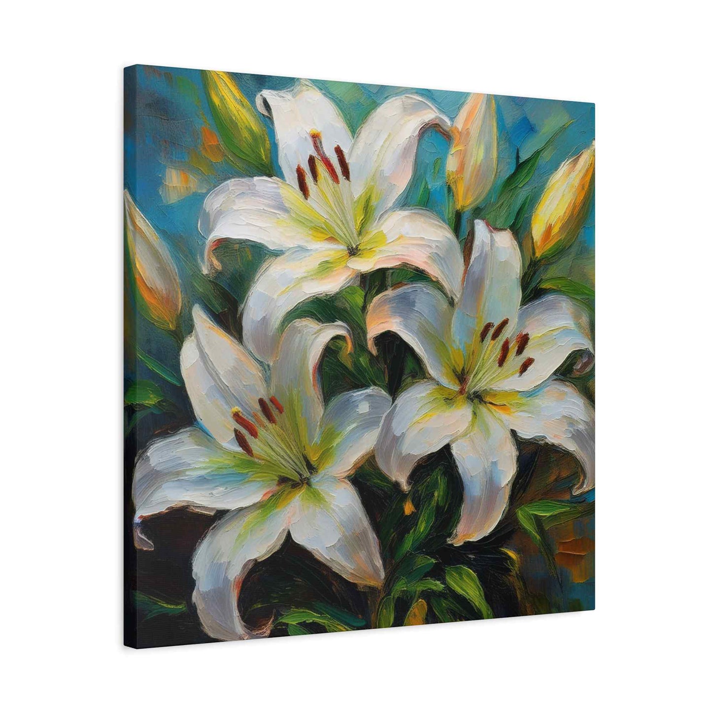 White Lilies Print Canvas, Floral Oil Paint Print 20x20, 24x24, 30x30, 32x32, 36x36 Art Design Pine-Wood Inner Frame MC-154
