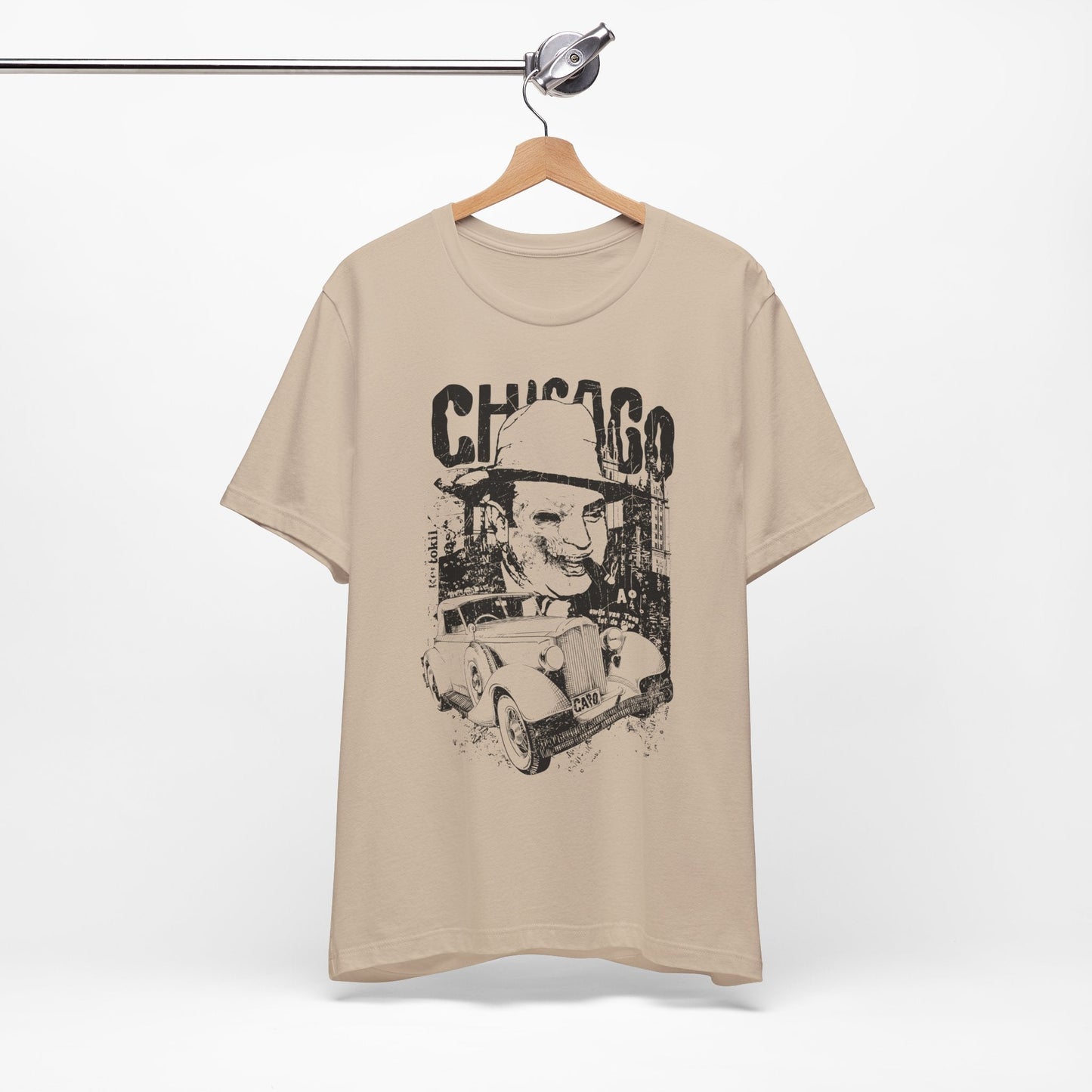 Chicago Retro Mobster Illustration Tee Vintage Car Cityscape Art Design T-Shirt A-8