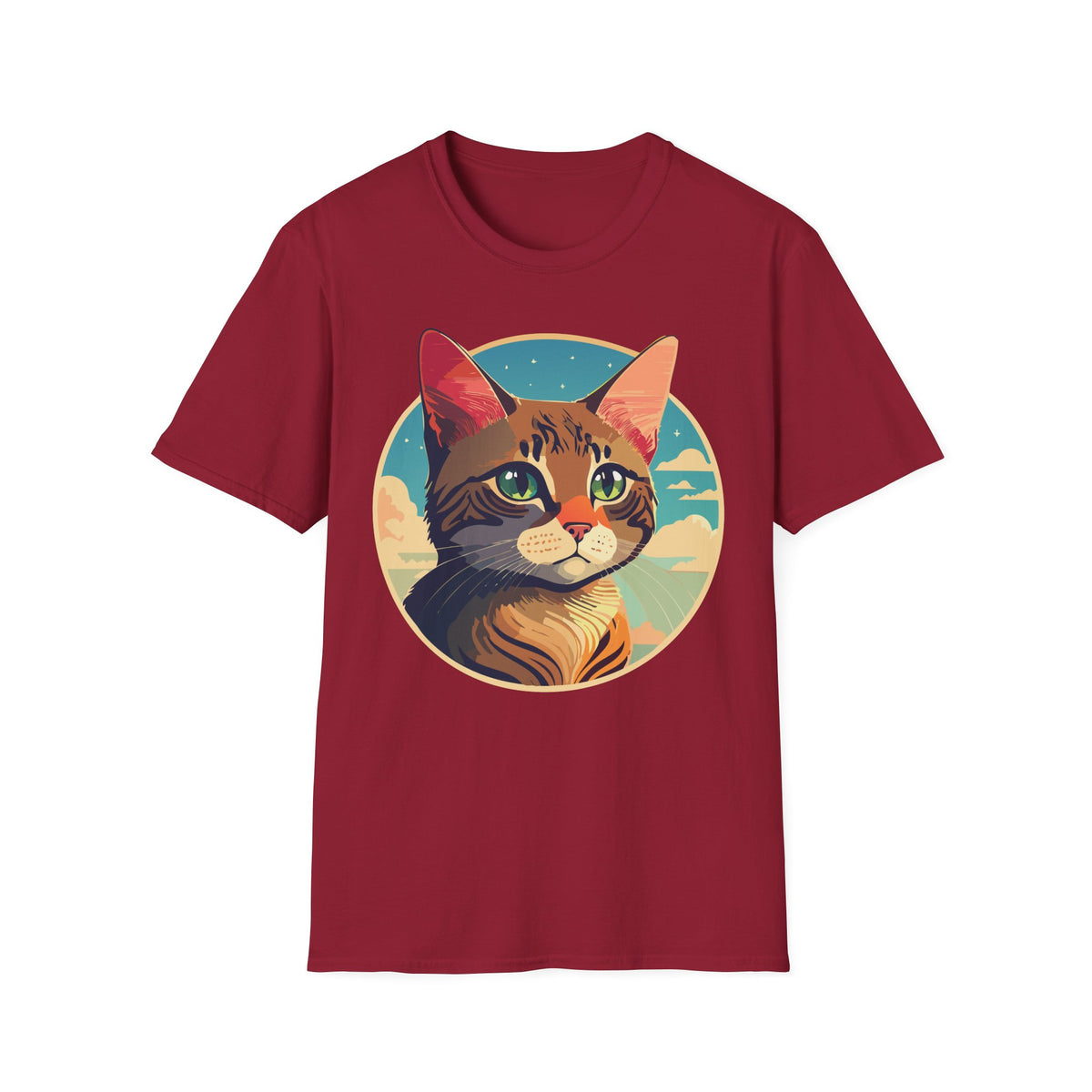 Retro Sunset Tabby Cat T-Shirt | Vintage Cat Portrait, Nautical Sky