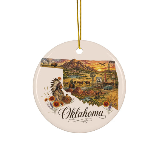 Oklahoma Vintage State Scene Ceramic Ornament | 2-Sided Round Ornament - 2.99" Includes Gold String