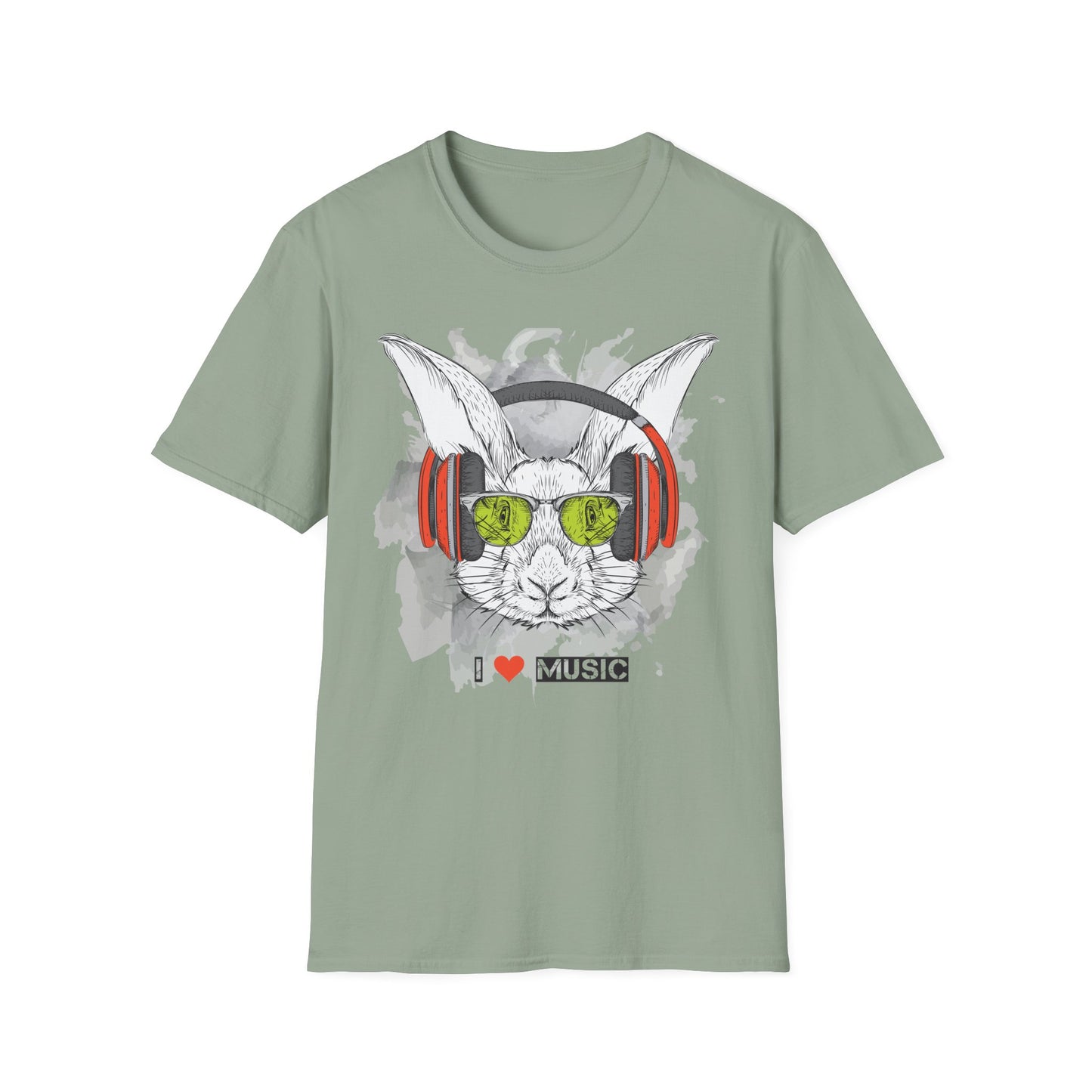 Music Bunny T-Shirt Unisex Cotton Short Sleeves I Love Music Rabbit with Headphones Graphic Tee