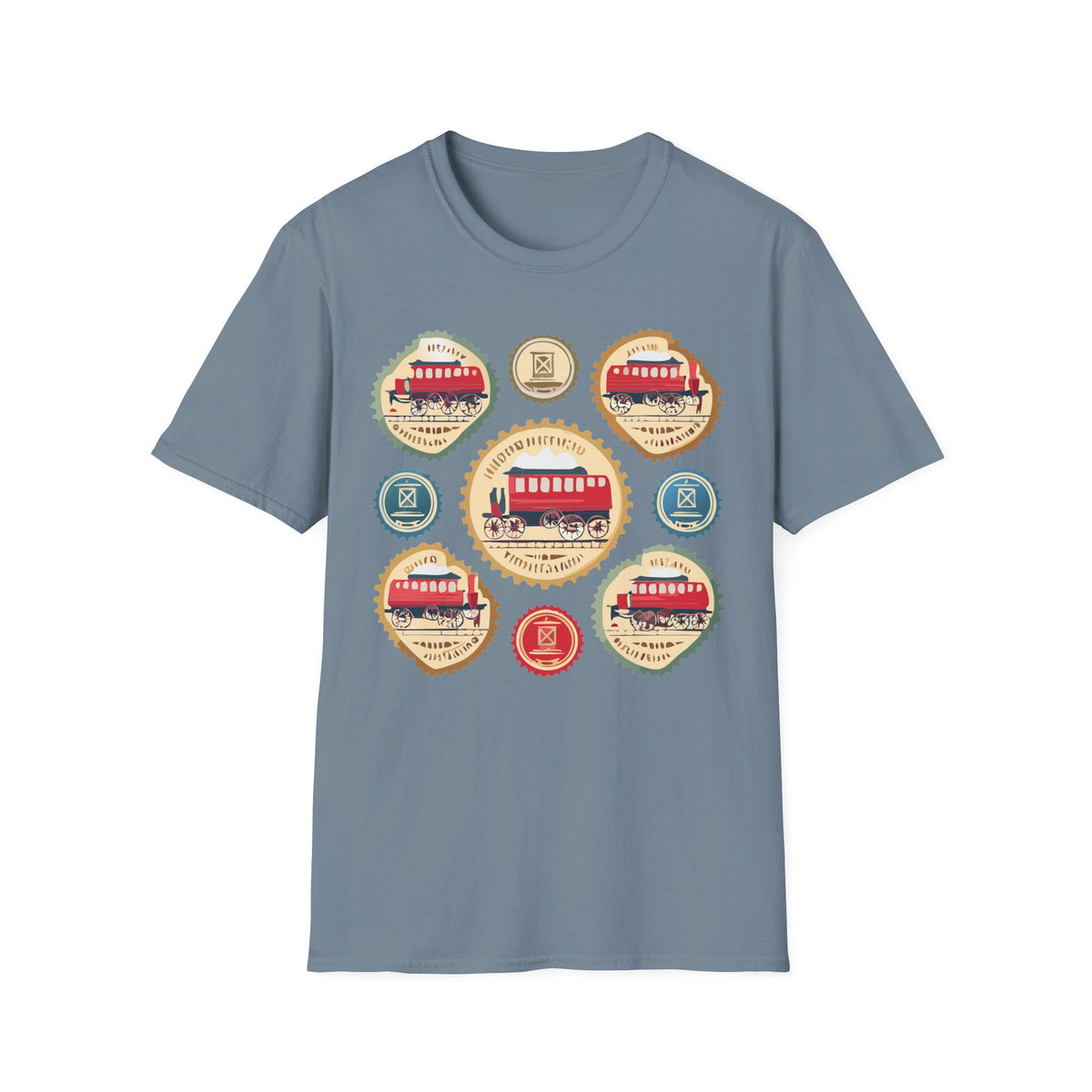Vintage Trolley Badges T-Shirt | Retro Streetcar Emblems Graphic Tee Unisex 100 Cotton Gildan T-Shirt