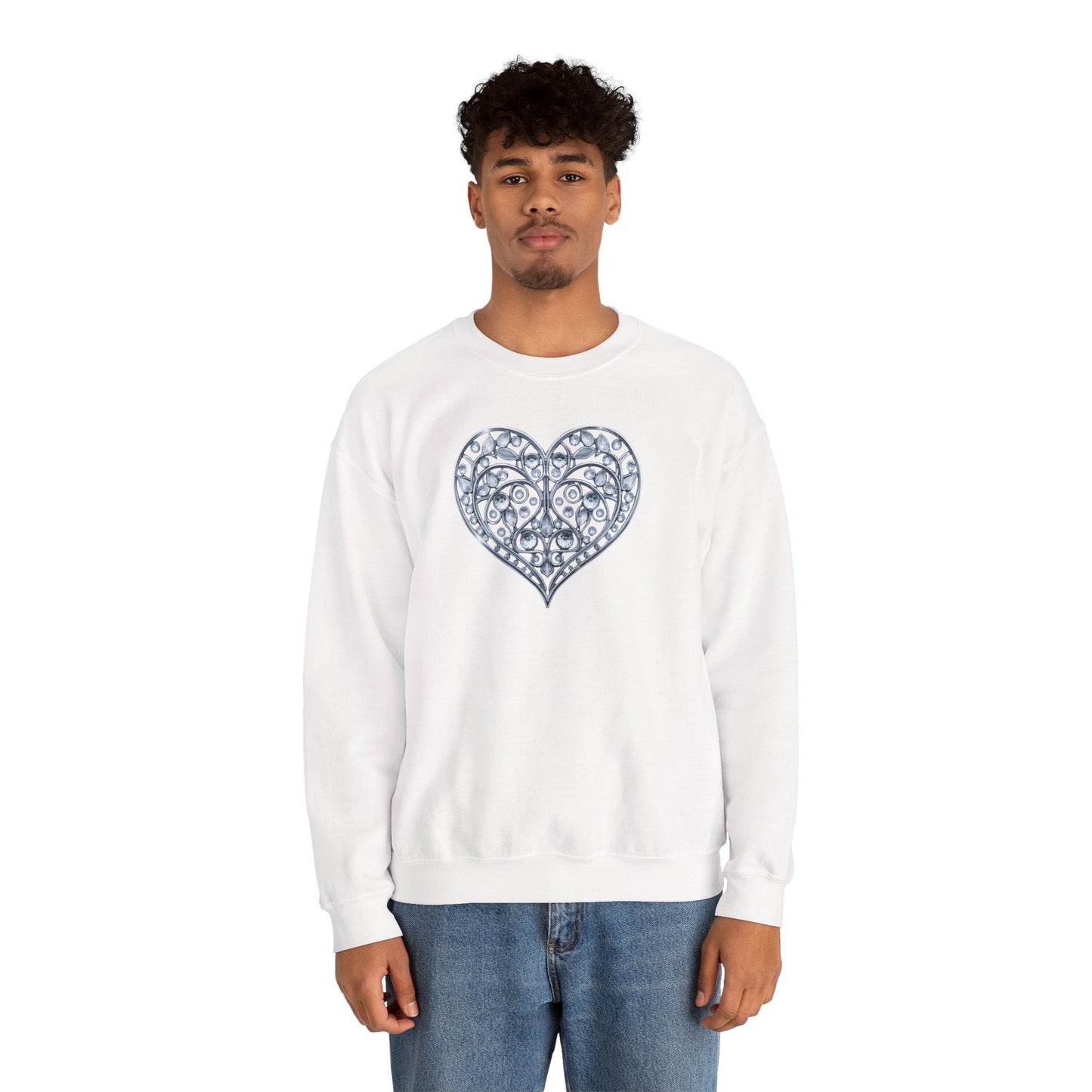 Big Crystal Heart Sweatshirt Unisex Fifty Fifty Cotton Poly Crewneck Valentines Day Sweatshirt