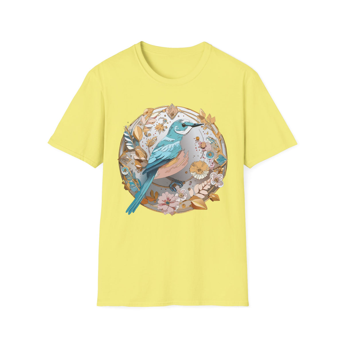 Blue Bird Floral Wreath T-Shirt | Botanical Bird Illustration
